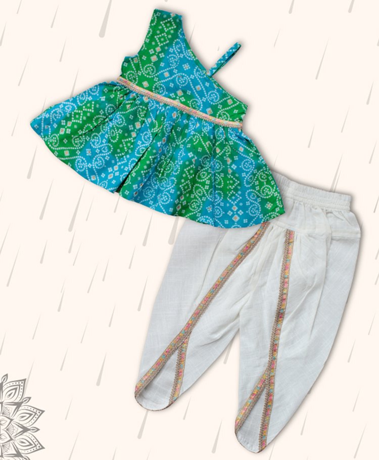peekaaboo kids Peekaaboo Cotton Sleeveless Bandhani Designed Top With Dhoti Set - Blue & Green-picture-0