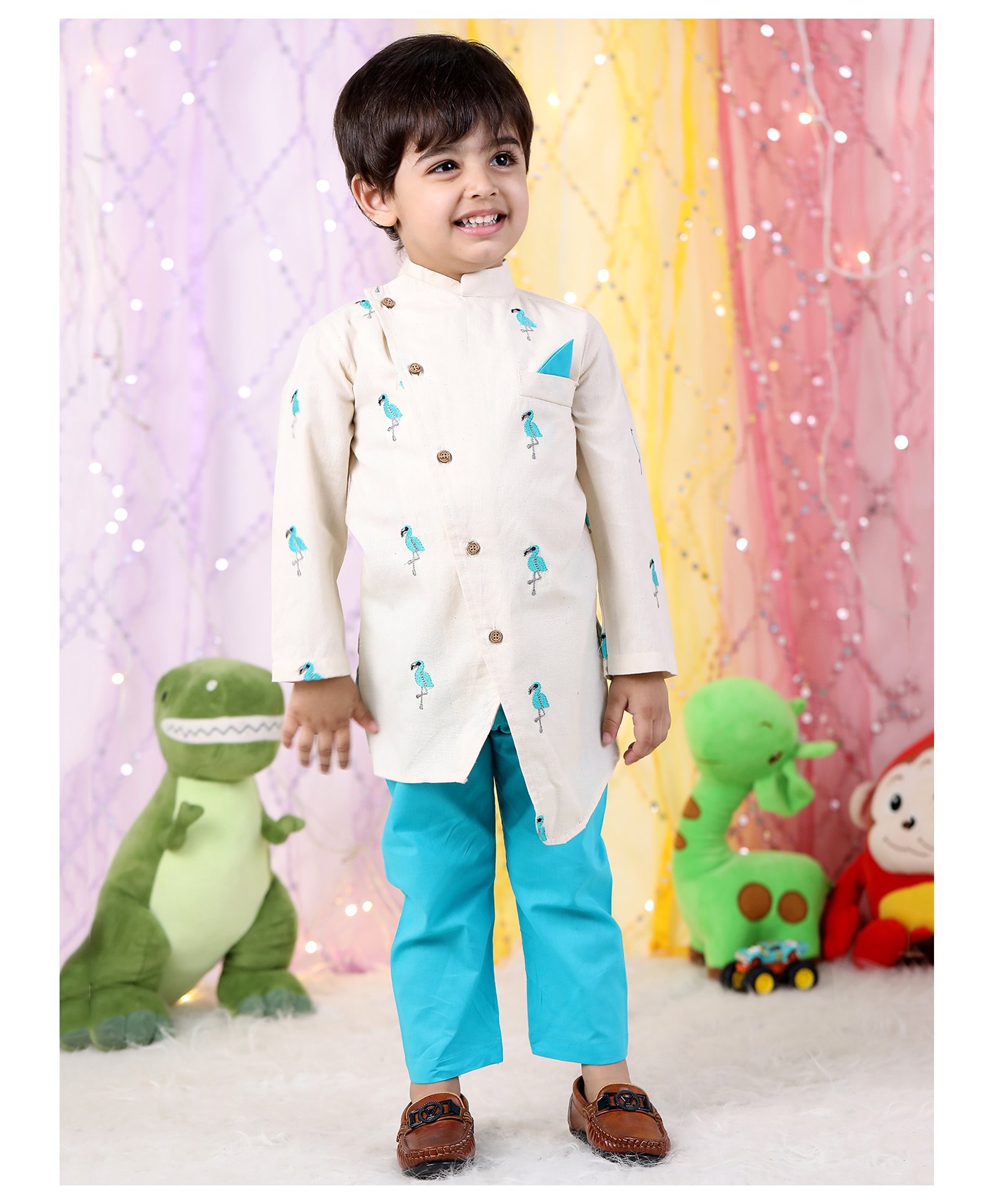 Polka Tots Cotton Full Sleeves Flamingo Embroidered Kurta Pyjama Set - White-image-44