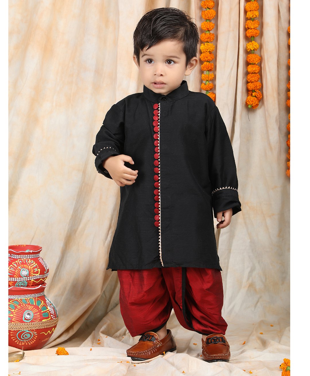 Polka Tots Cotton Full Sleeves Gota Lace Detailed Kurta With Dhoti - Black-picture-15