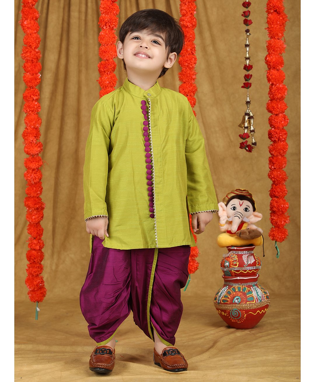 Polka Tots Cotton Full Sleeves Gota Lace Detailed Kurta With Dhoti - Light Green-image-8