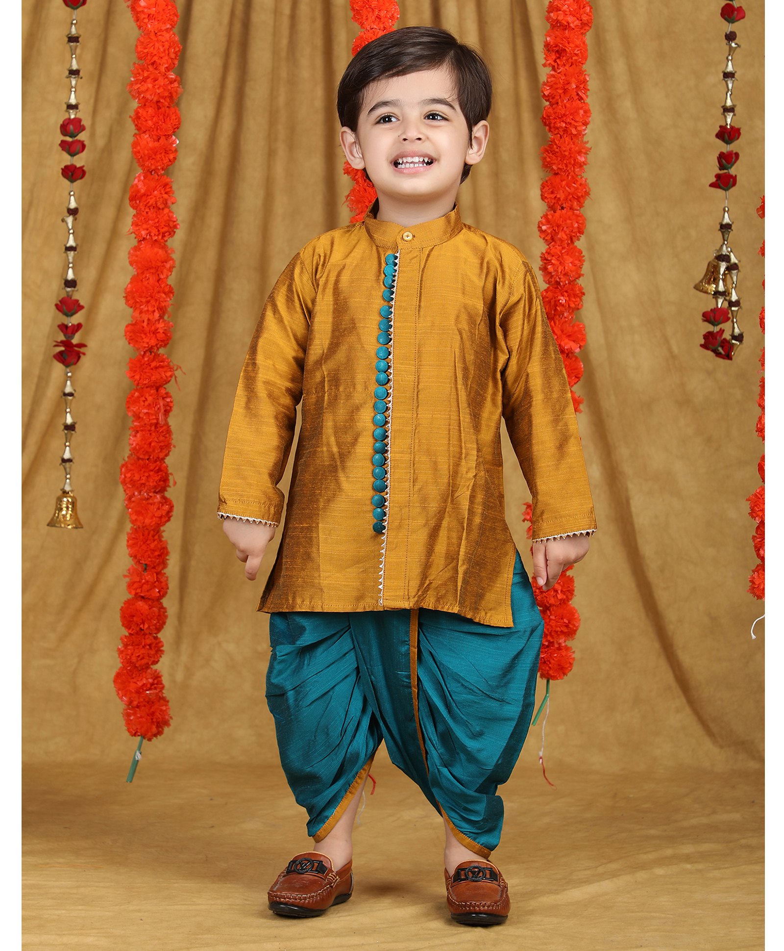 Polka Tots Cotton Full Sleeves Solid Kurta With Dhoti - Golden-image-15
