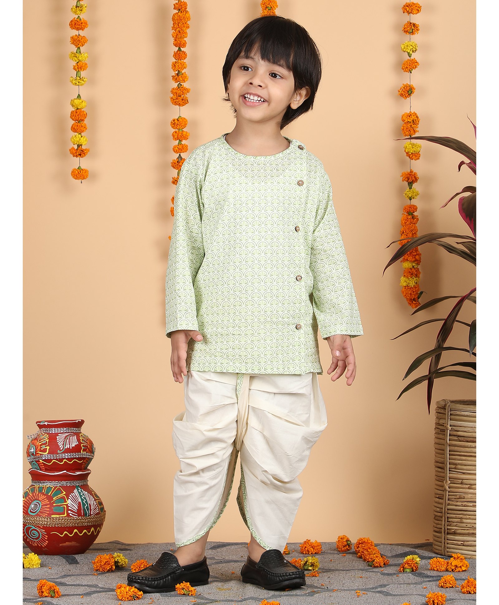 Polka Tots Cotton Full Sleeves Traditional Printed Kurta With Dhoti - Green-image-13