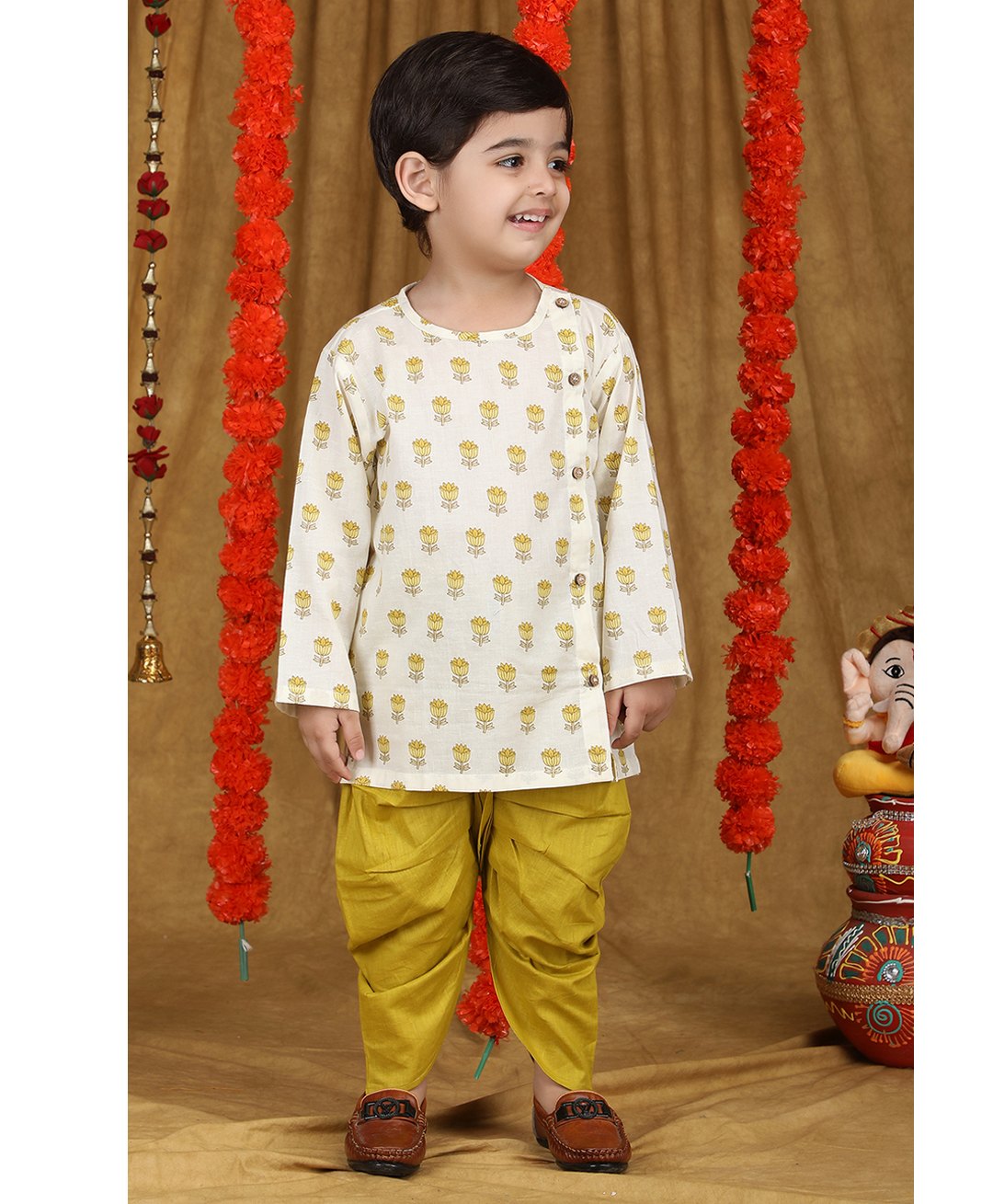 Polka Tots Cotton Full Sleeves Floral Printed Kurta With Dhoti - Yellow-picture-26