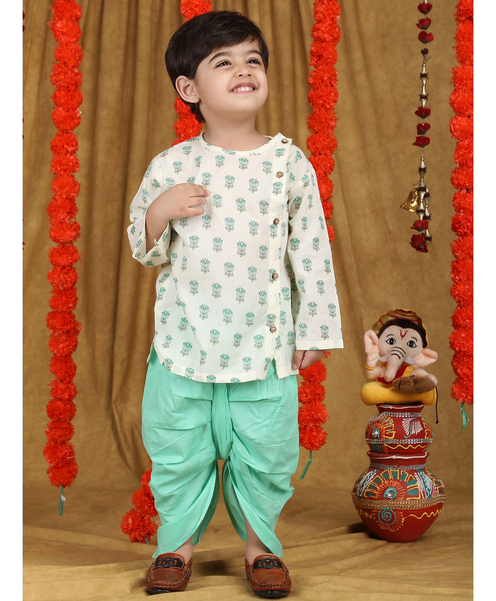 Polka Tots Cotton Full Sleeves Floral Printed Kurta With Dhoti - Aqua Blue-image-37