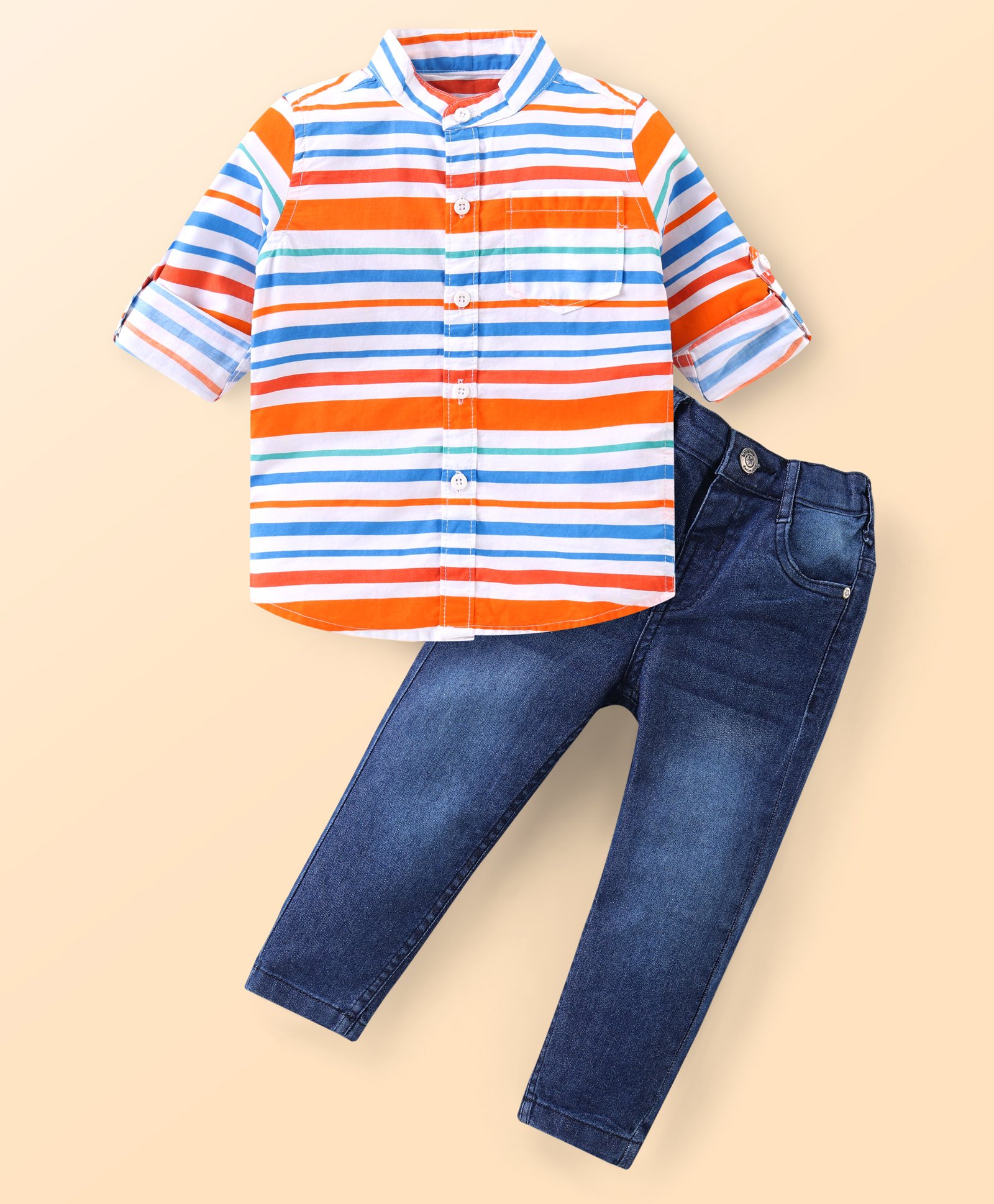 Babyhug Cotton Knti Full Sleeves Striped Mandarin Collar Shirt & Denim Jeans Set - Dark Orange-image-19