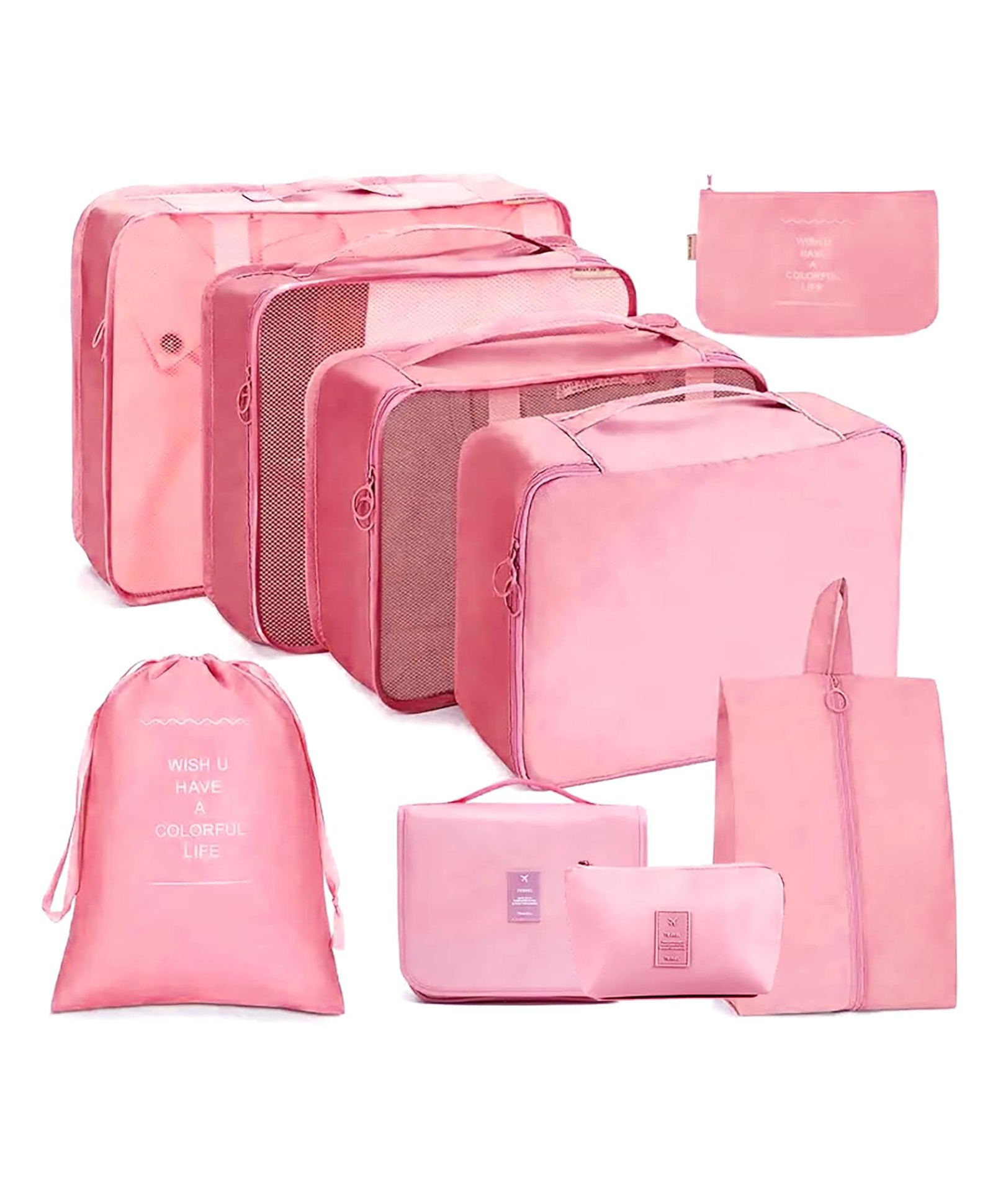 House of Quirk Polyester 9Pcs Set Travel Organizer Packing Cubes Lightweight Travel Luggage Organizers With Laundry Bag Or Toiletry Bag-Pink-image-19