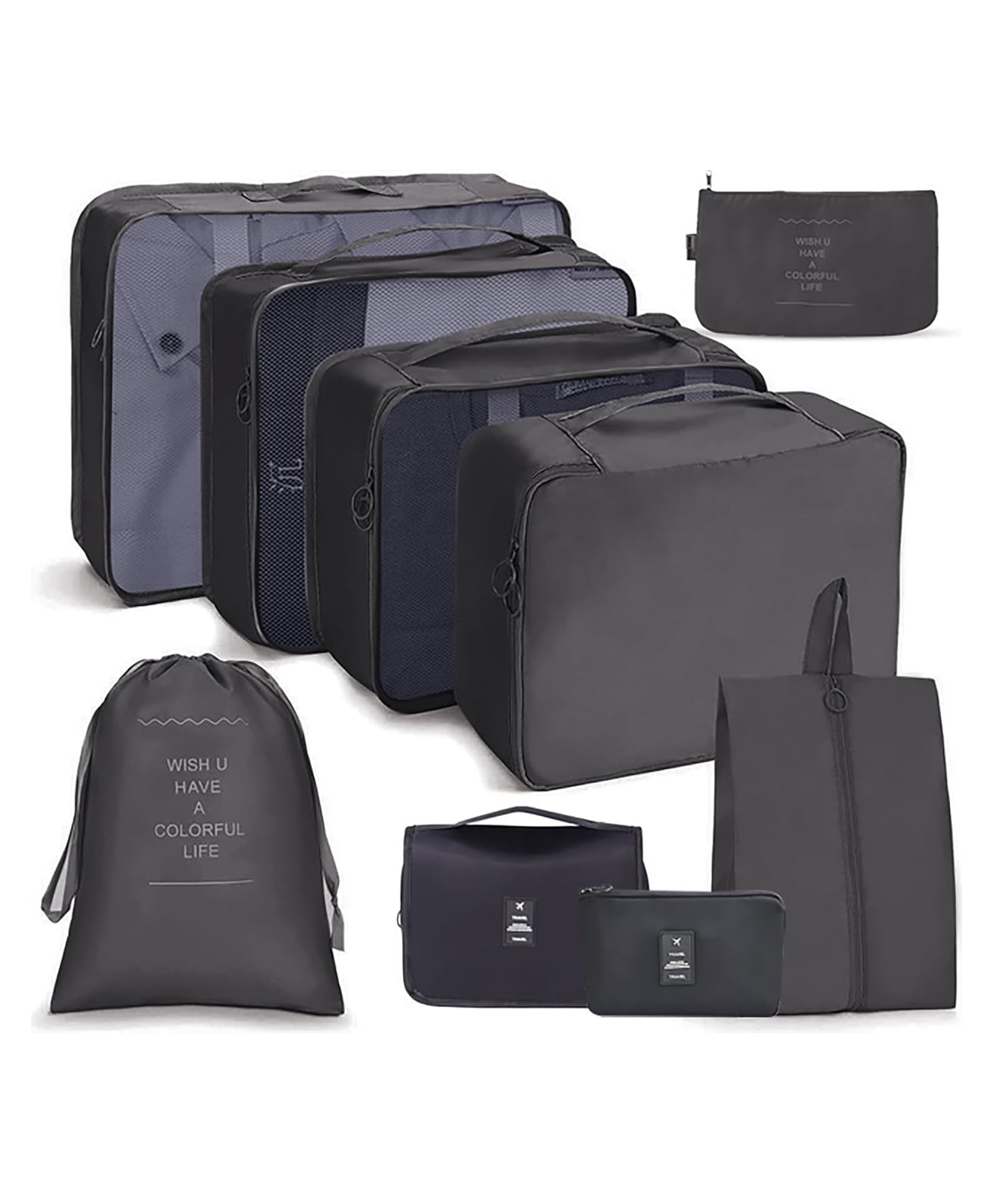 House of Quirk Polyester 9Pcs Set Travel Organizer Packing Cubes Lightweight Travel Luggage Organizers With Laundry Bag Or Toiletry Bag-Black-image-33