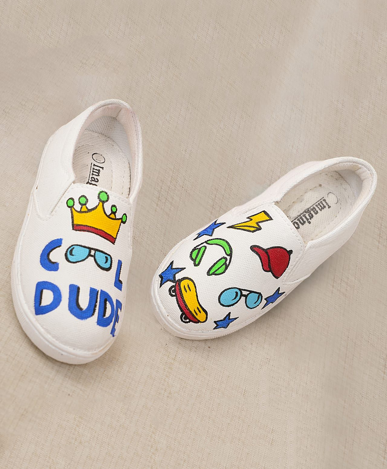 IMAGINO Cool Dude Text Hand Painted Slip On Shoes - White-picture-14