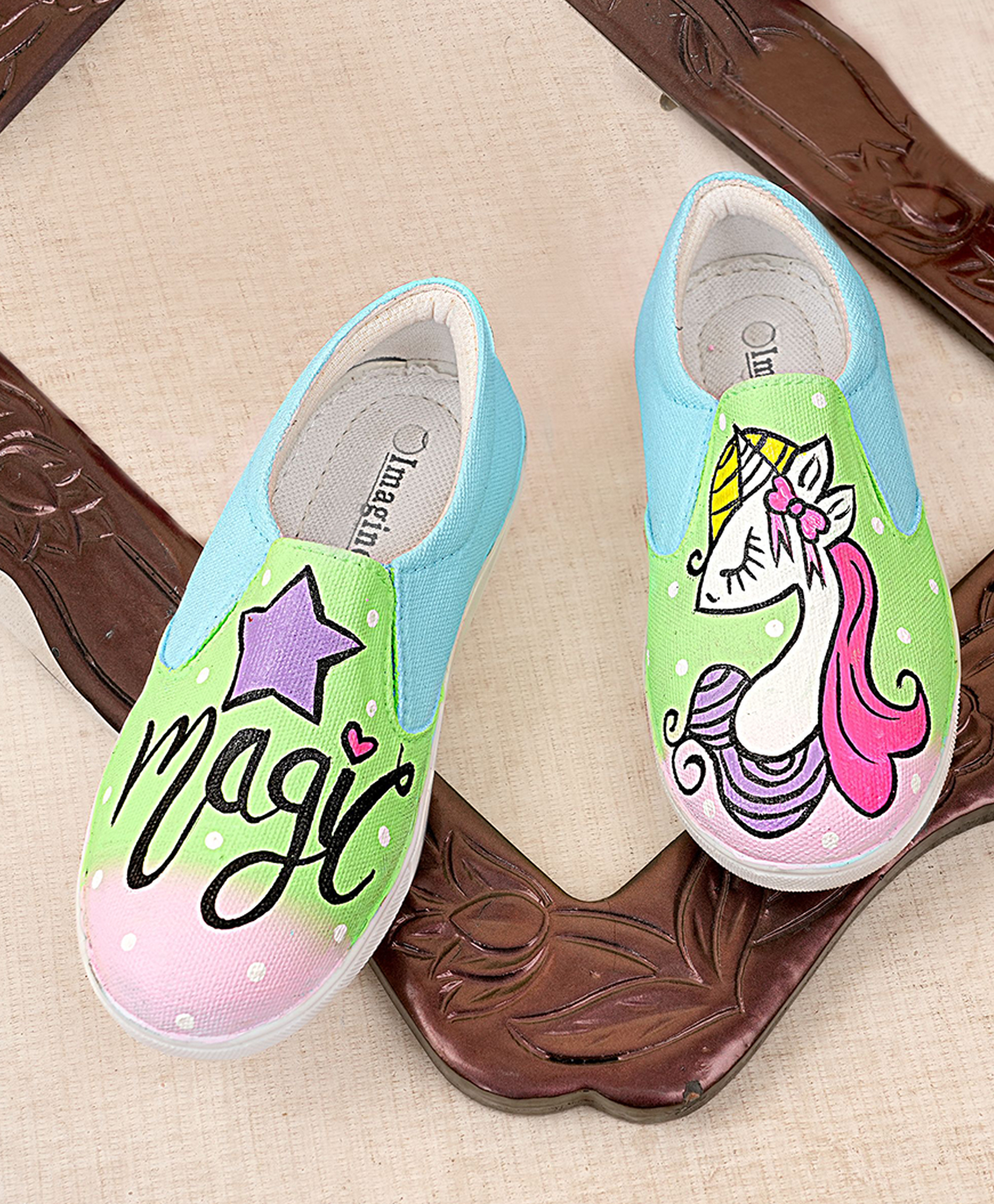 IMAGINO Magic Text & Unicorn Hand Painted Slip On Shoes  - Green & Blue-image-47