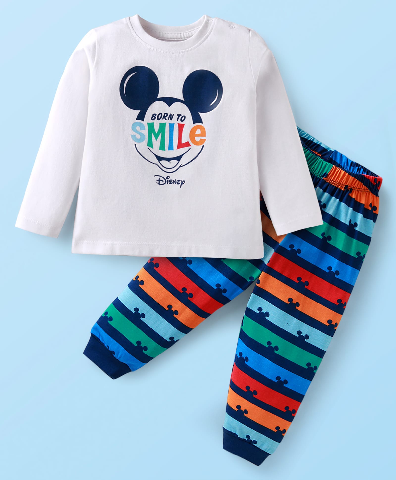 Babyhug Disney Single Jersey Knit Full Sleeves Night Suit with Mickey Mouse Graphics - Blue & White-picture-18