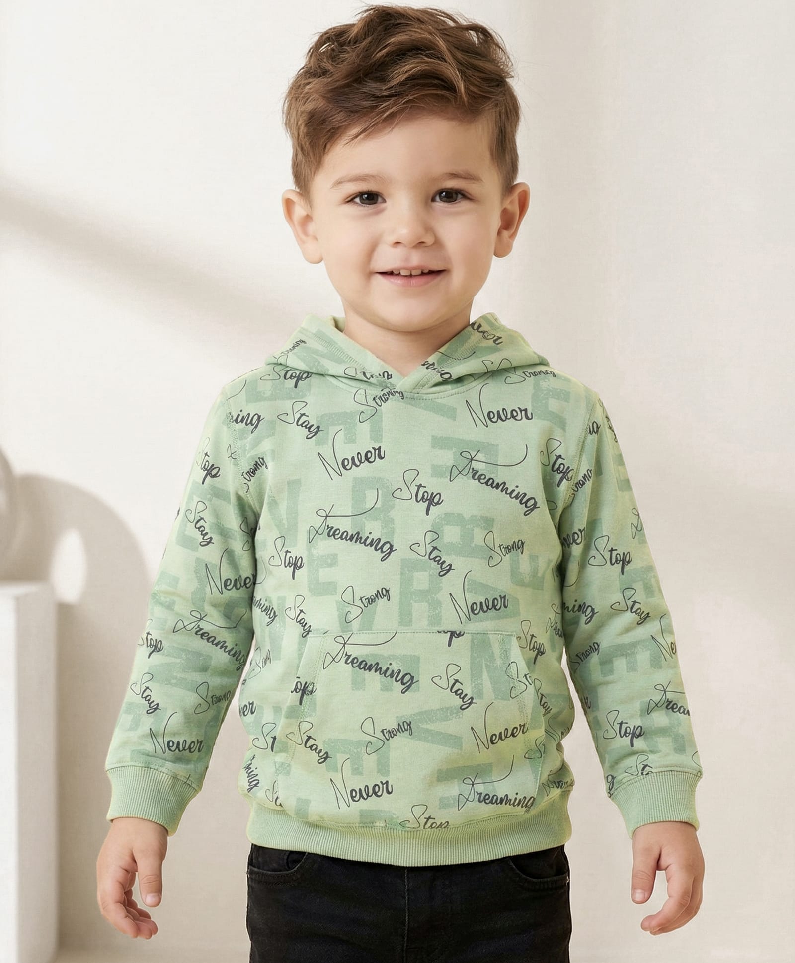 Doreme Terry Knitted Full Sleeves Hooded Sweatjacket With Text Print - Mint Green-picture-12