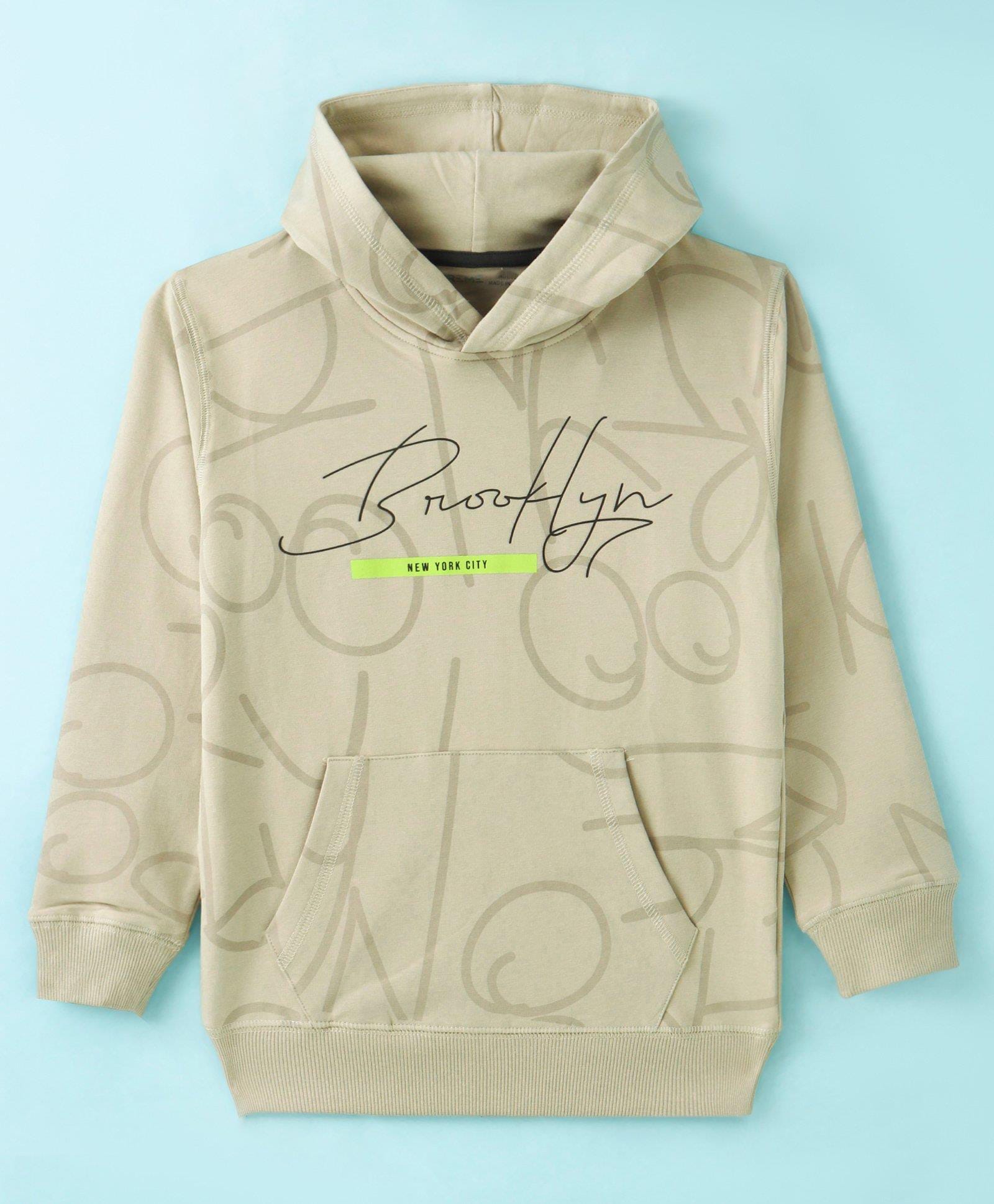 Doreme Terry Knit Full Sleeves Text Printed Hooded Sweatshirt - Olive Green-image-24