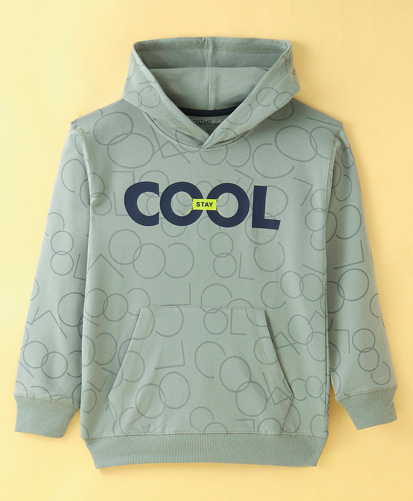 Doreme Terry Knitted Full Sleeves Pullover Hooded Sweatshirt With Text Print - Mint Green-image-31