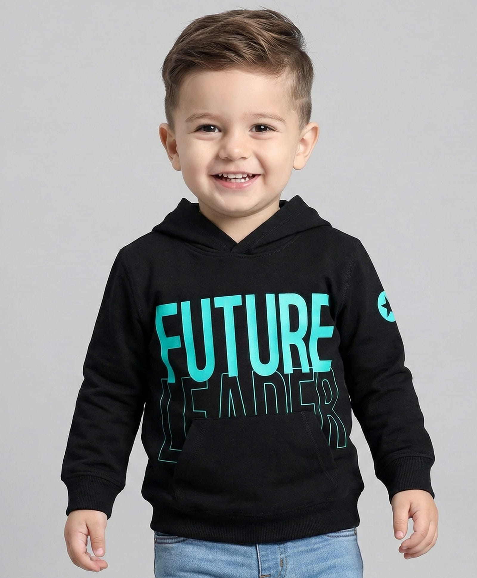 Doreme Terry Knitted Full Sleeves Hooded Sweatshirt With Text Design & Kangaroo Pockets - Black-image-45