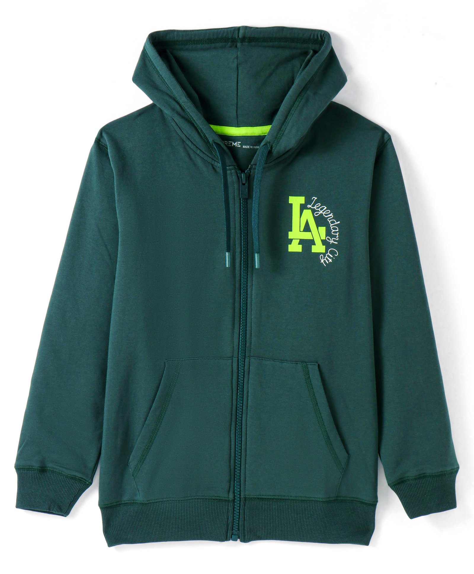 Doreme Knitted Full Sleeves Hooded Sweatjacket With Text Print - Dark Green-image-43