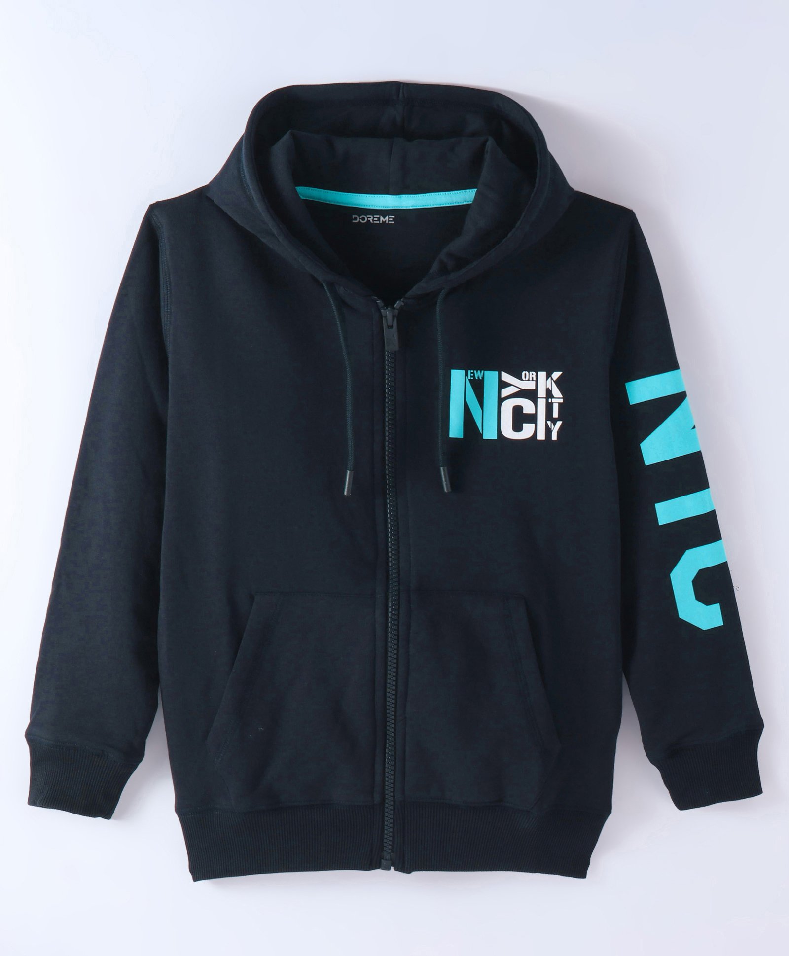 Doreme Knitted Full Sleeves Hooded Sweatjacket With Text Print & Kangaroo Pockets - Navy Blue-image-33