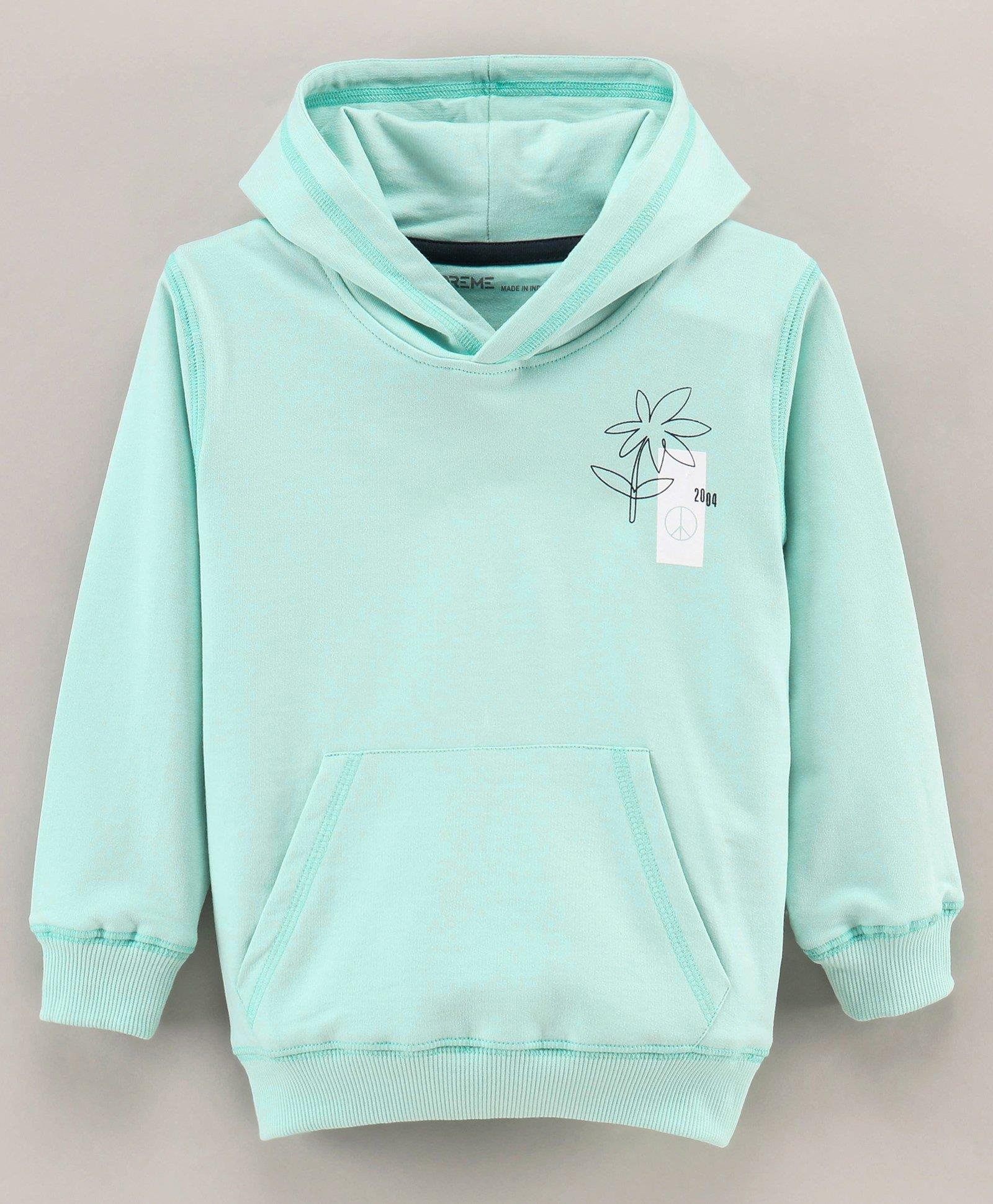 Doreme Terry Knitted Full Sleeves Pullover Hooded Sweatshirt With Floral Print & Kangaroo Pockets - Sea Green-picture-25