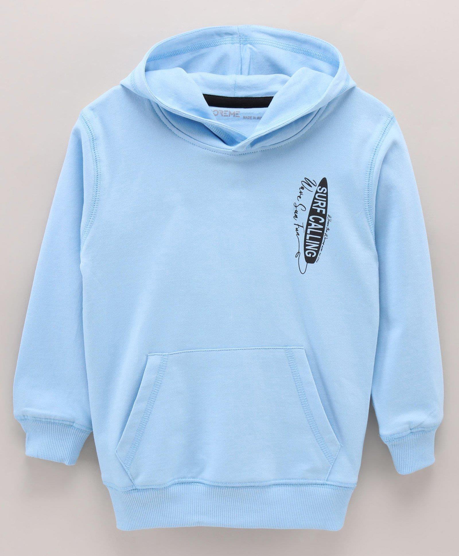 Doreme Terry Knitted Full Sleeves Pullover Hooded Sweatshirt With Text Print & Kangaroo Pockets - Sky Blue-image-15