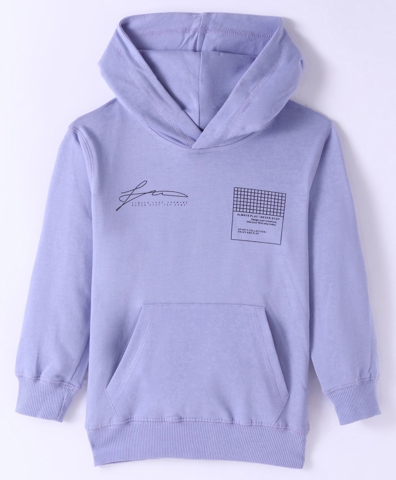 Doreme Terry Knitted Full Sleeves Pullover Hooded Sweatshirt With Text Print & Kangaroo Pockets - Purple-image-46