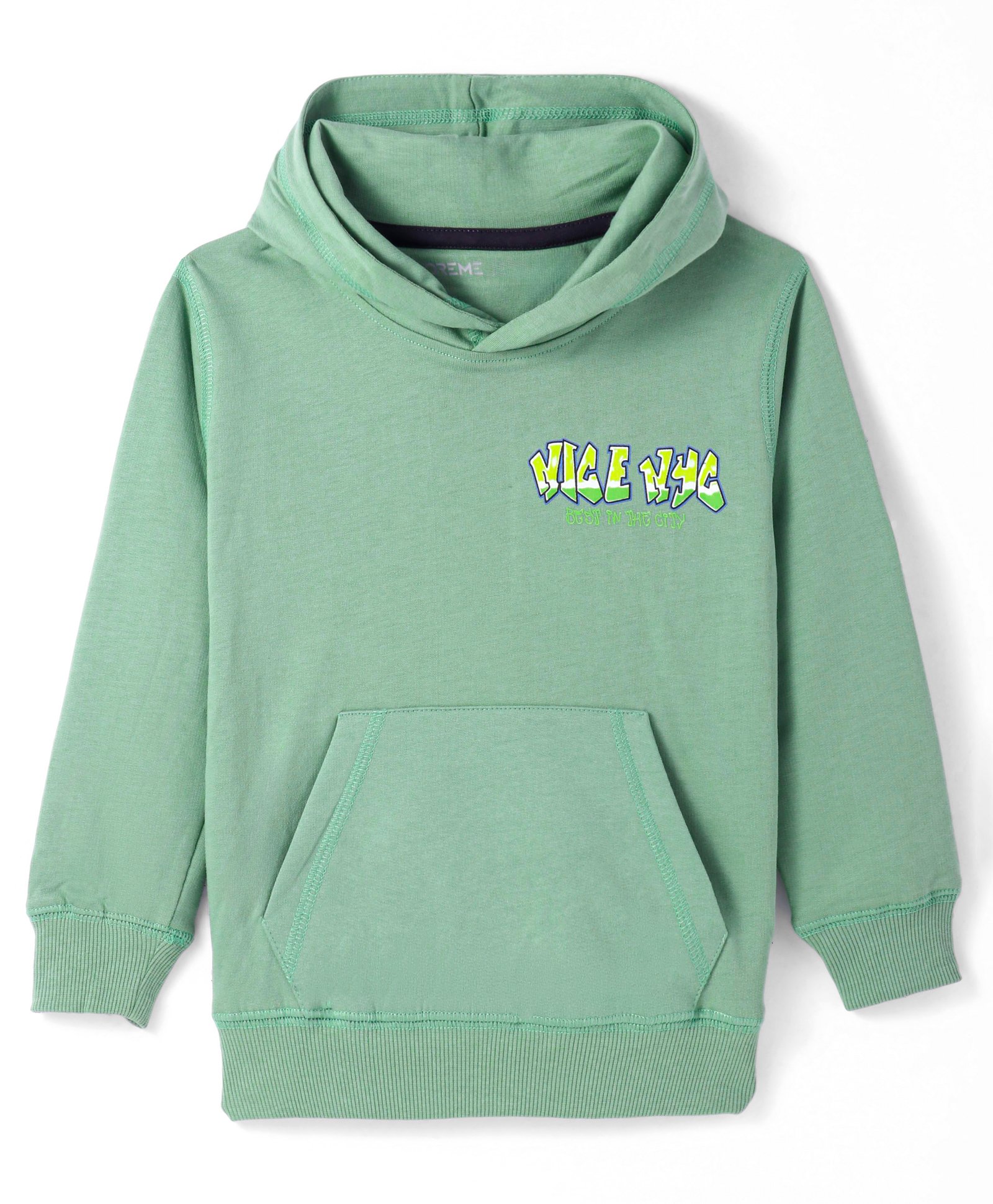 Doreme Terry Knitted Full Sleeves Pullover Hooded Sweatshirt With Text Print & Kangaroo Pockets - Mint Green-picture-33