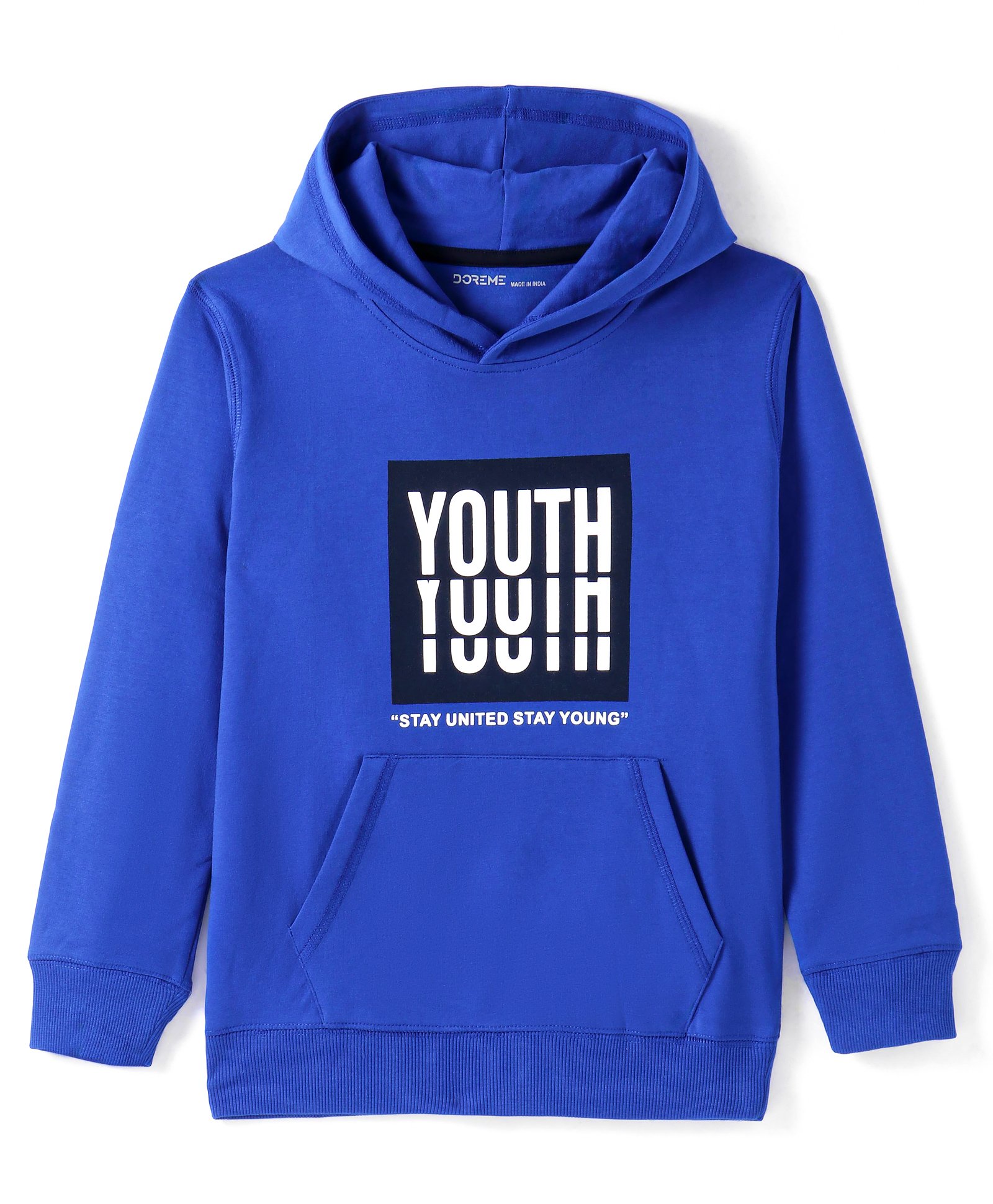 Doreme Lycra Knit Full Sleeves Hooded Sweatshirt Text Print & Kangaroo Pockets - Blue-picture-27