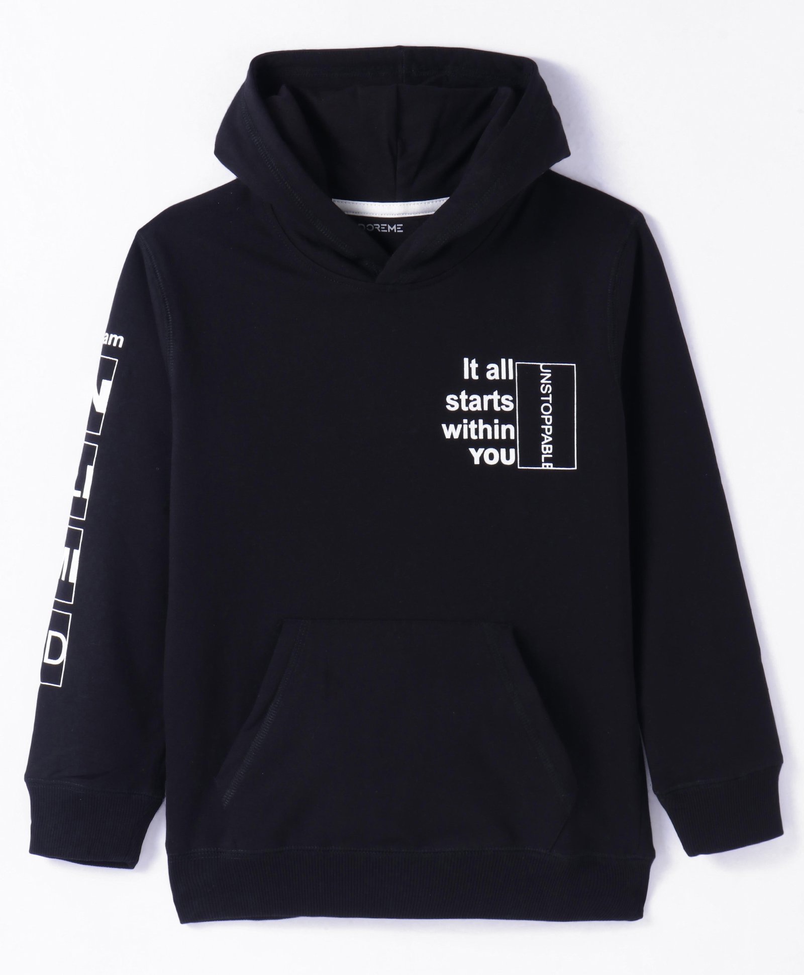 Doreme Lycra Knit Full Sleeves Hooded Sweatshirt Text Print & Kangaroo Pockets - Black-image-7