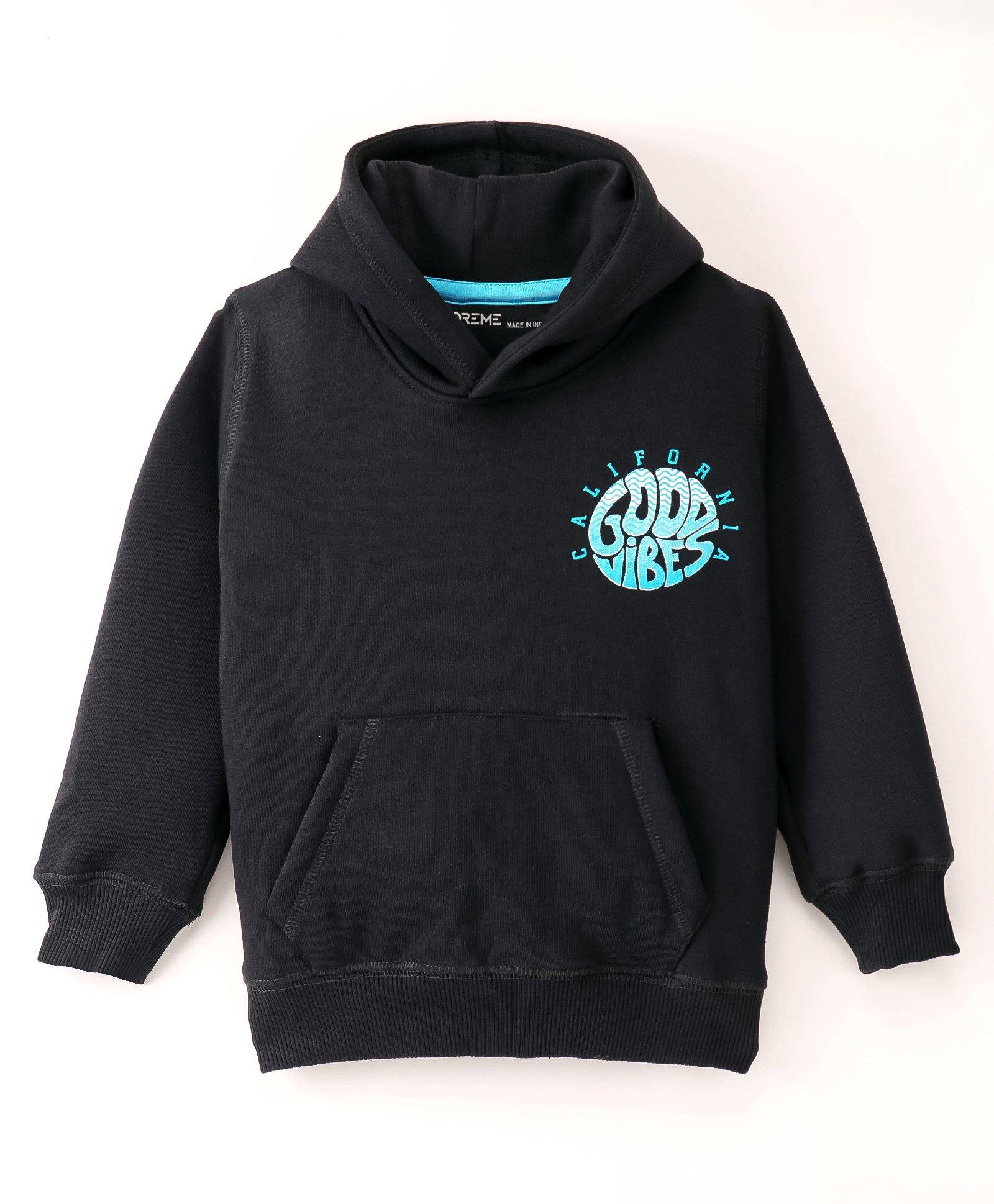 Doreme Fleece Knit Full Sleeves Hooded Sweatshirt Text Print & Kangaroo Pockets - Black-image-5