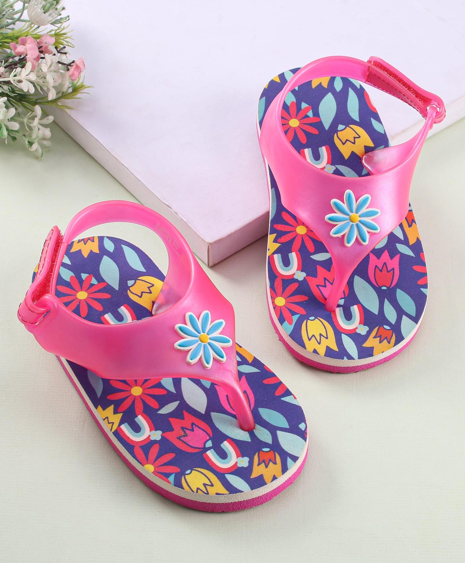 Babyoye Velcro Closure Flip Flops with Floral Applique - Pink-image-37