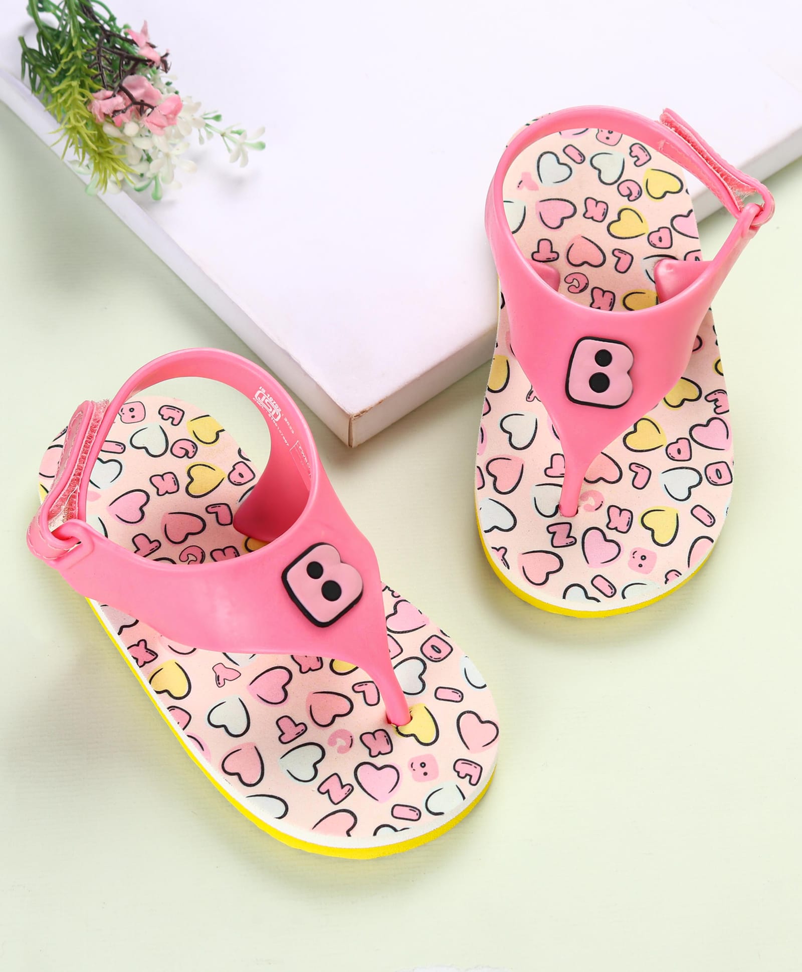 Babyoye Flip Flops with Velcro Closer & Hearts Print - Pink-image-36