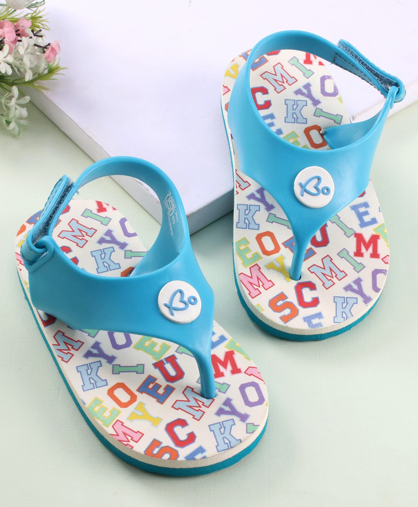 Babyoye Velcro Closure Flip Flops with Brand Logo Applique - Blue-image-0
