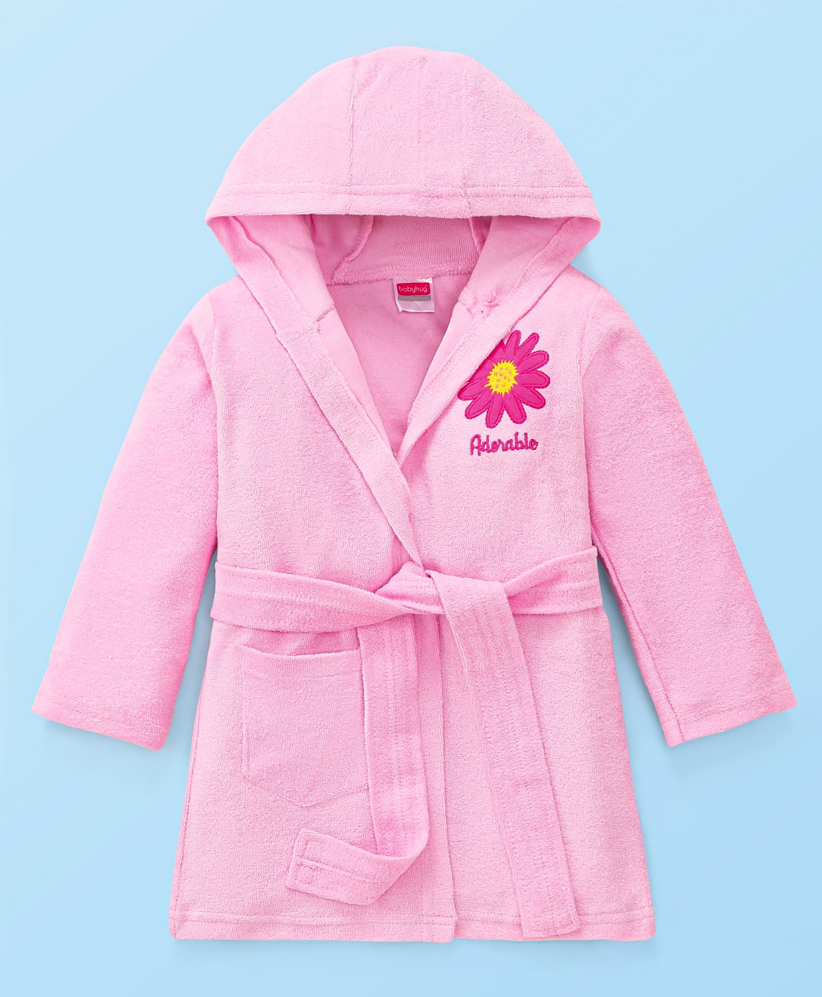 Babyhug Terry Knit Full Sleeve Hooded Bathrobe With Elastic At Waist & Floral Embroidery - Pink-image-13