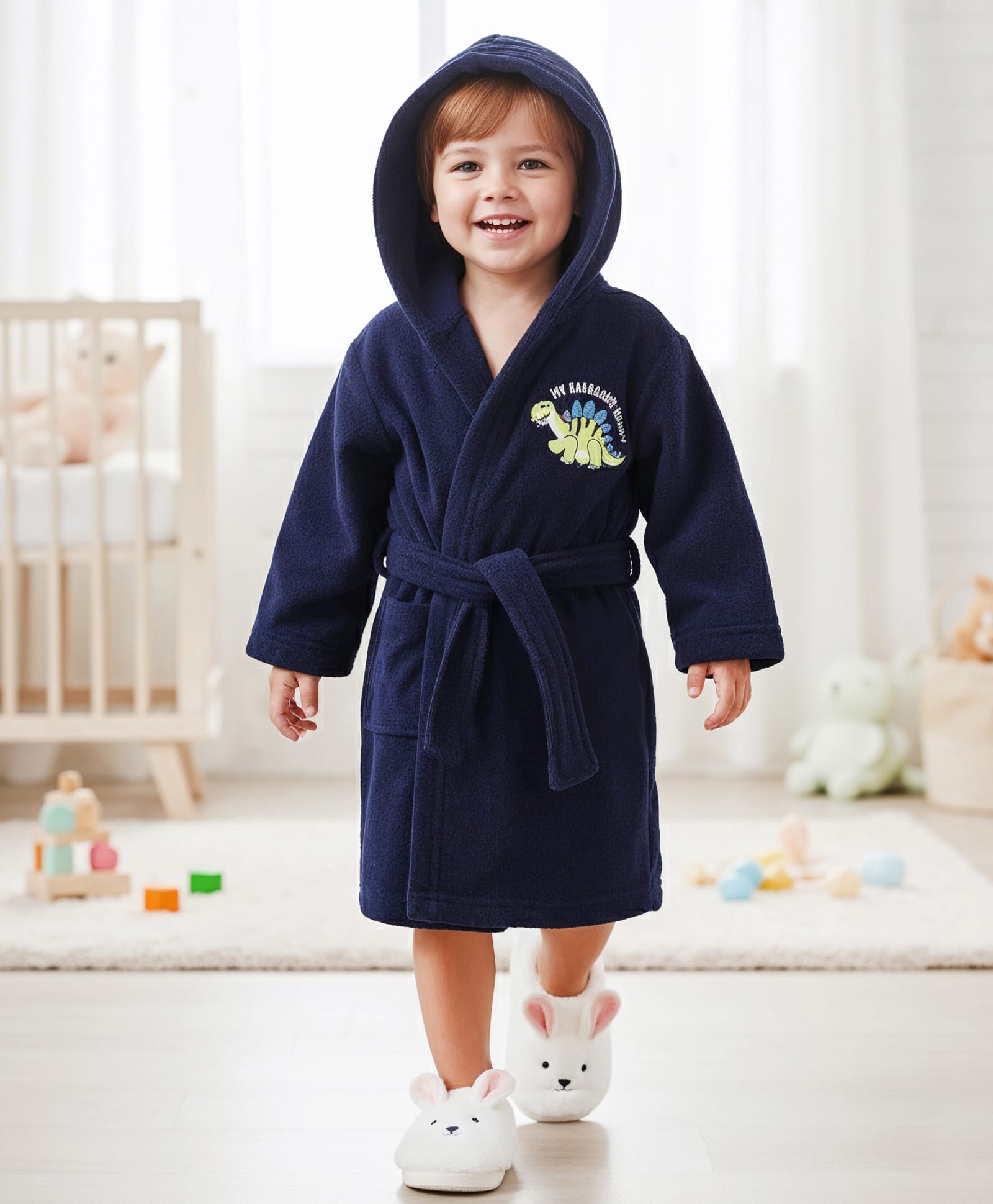 Babyhug Terry Knit Full Sleeve Hooded Bathrobe with Elastic at Waist & Dino Patch - Navy Blue-image-22