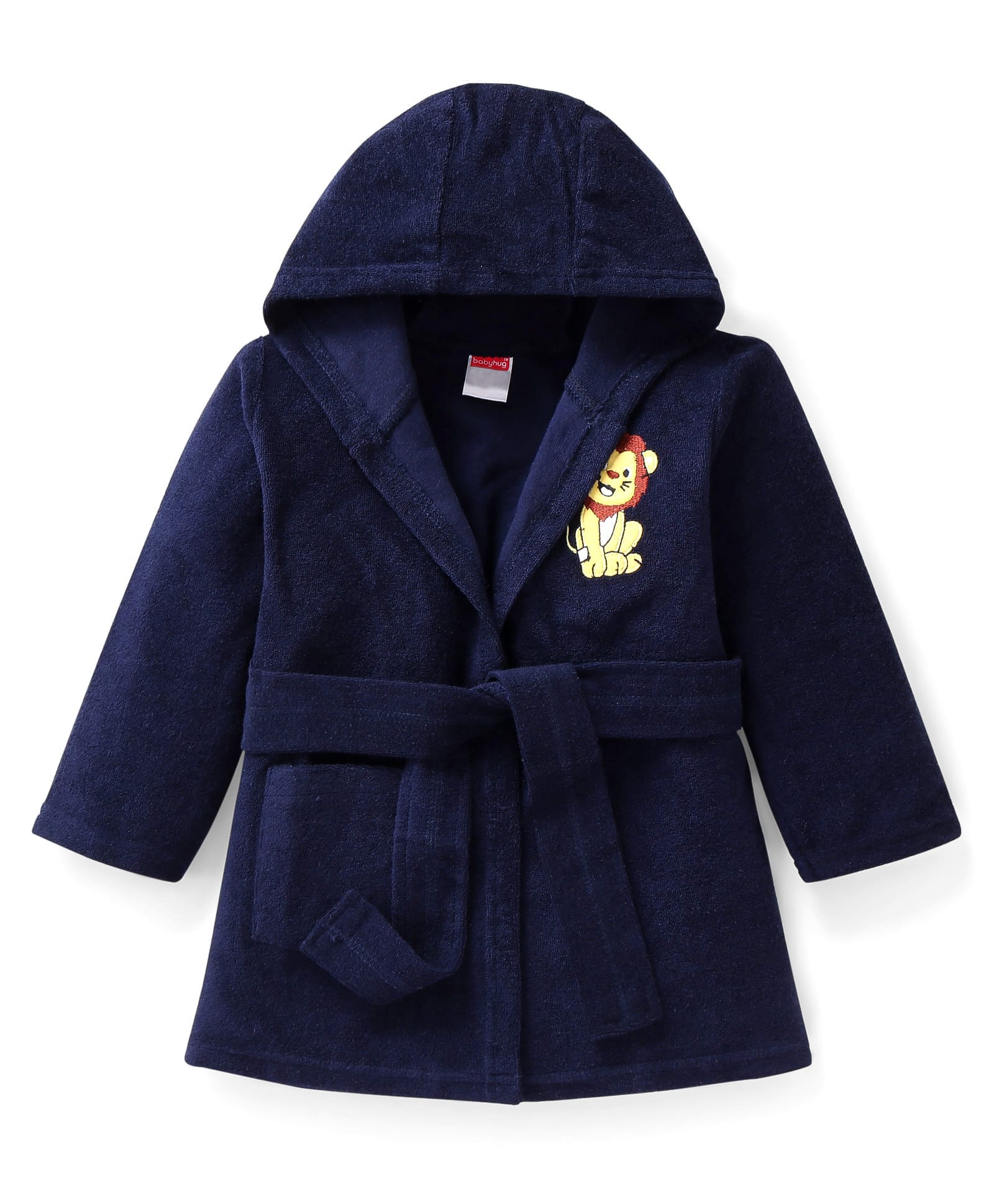 Babyhug Terry Knit Full Sleeve Hooded Bathrobe with Elastic at Waist & Lion Embroidery - Navy Blue-image-21