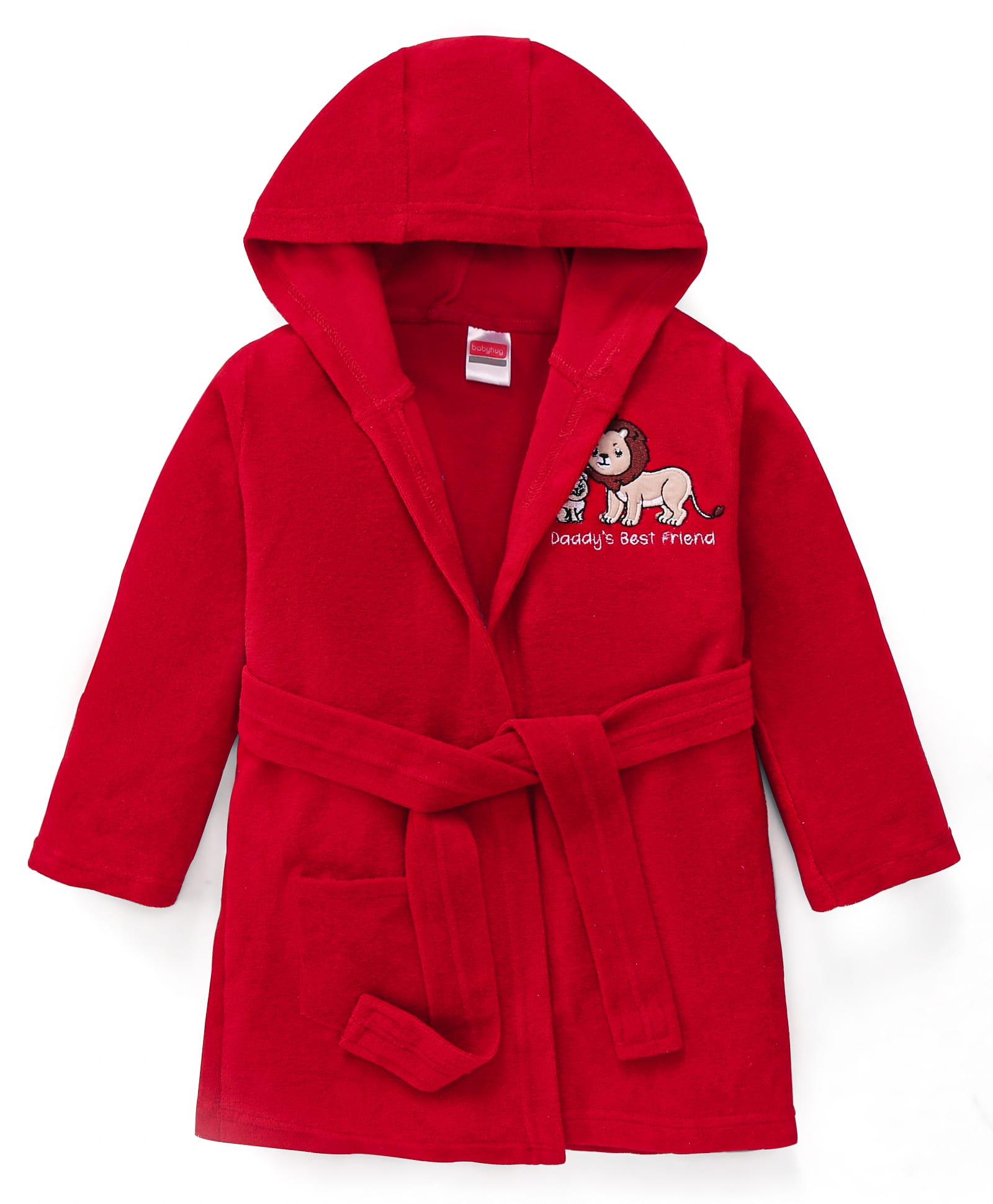 Babyhug Terry Knit Full Sleeve Hooded Bathrobe with Elastic At Waist & Animal Embroidery - Red-image-6