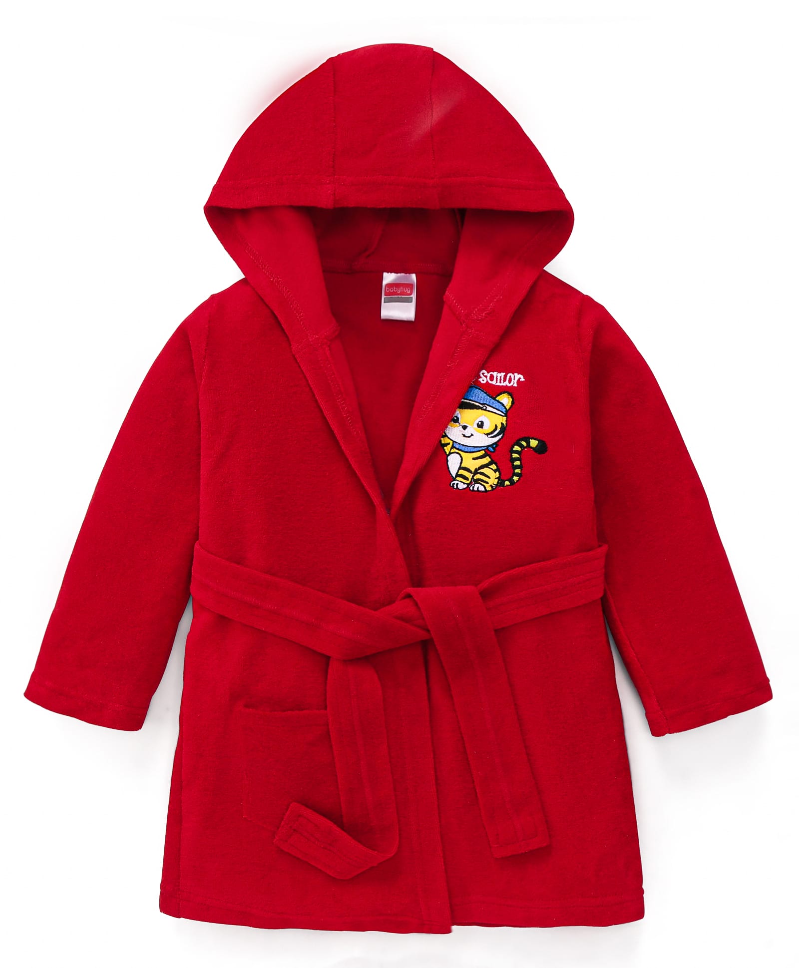 Babyhug Terry Knit Full Sleeve Hooded Bathrobe With Elastic At Waist & Animal Embroidery - Red-image-18