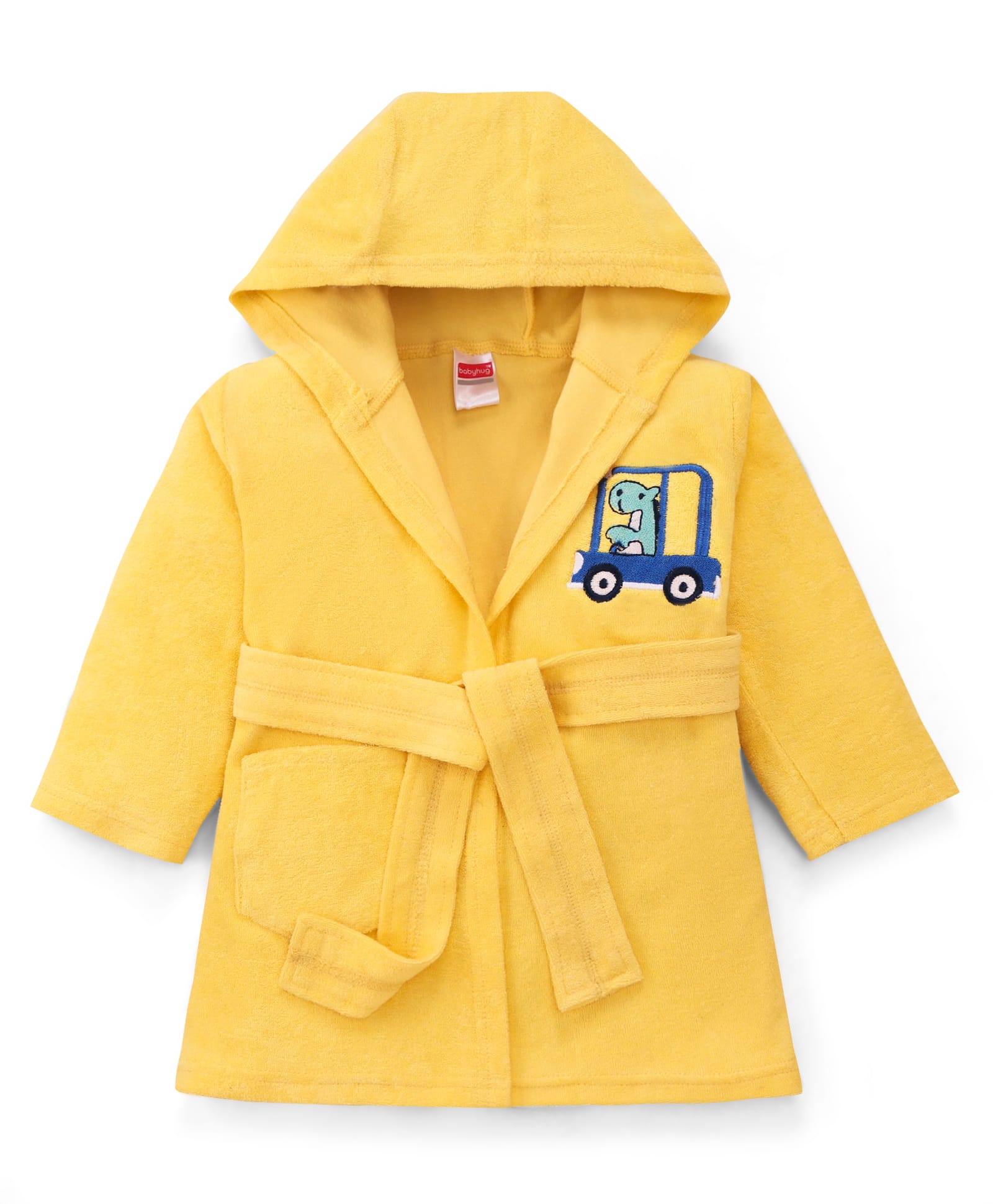 Babyhug Terry Knit Full Sleeve Hooded Bathrobe With Elastic At Waist & Dino Embroidery - Yellow-image-48