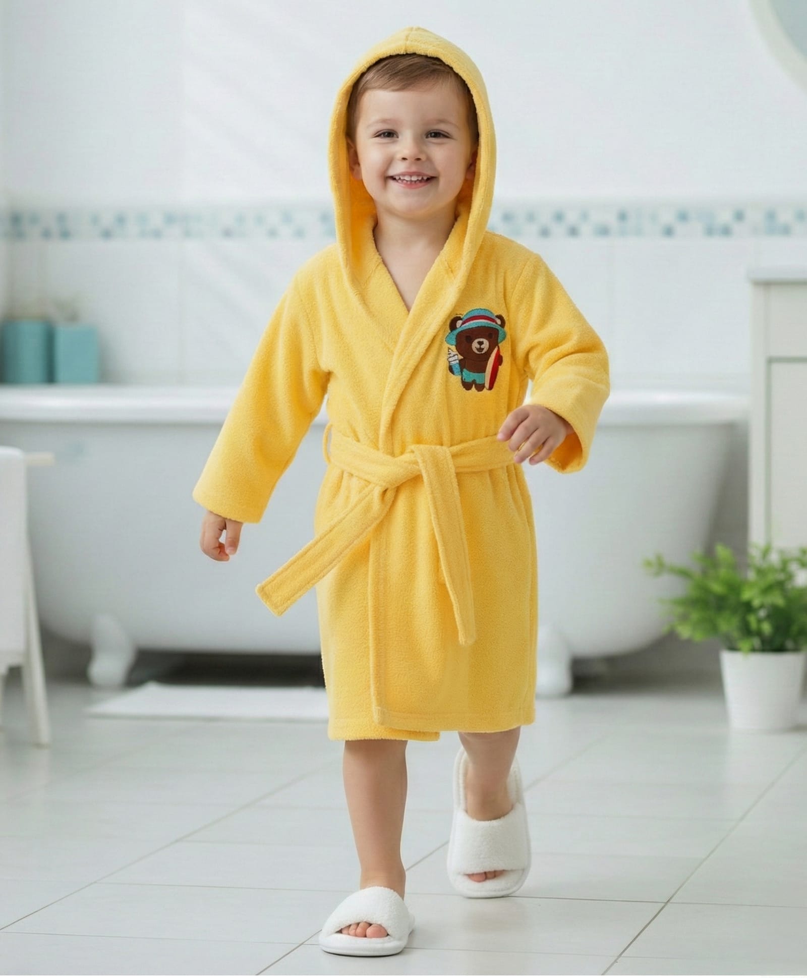 Babyhug Cotton Knit Full Sleeves Hooded Bathrobe With Elastic At Waist & Bear Embroidery - Yellow-image-34