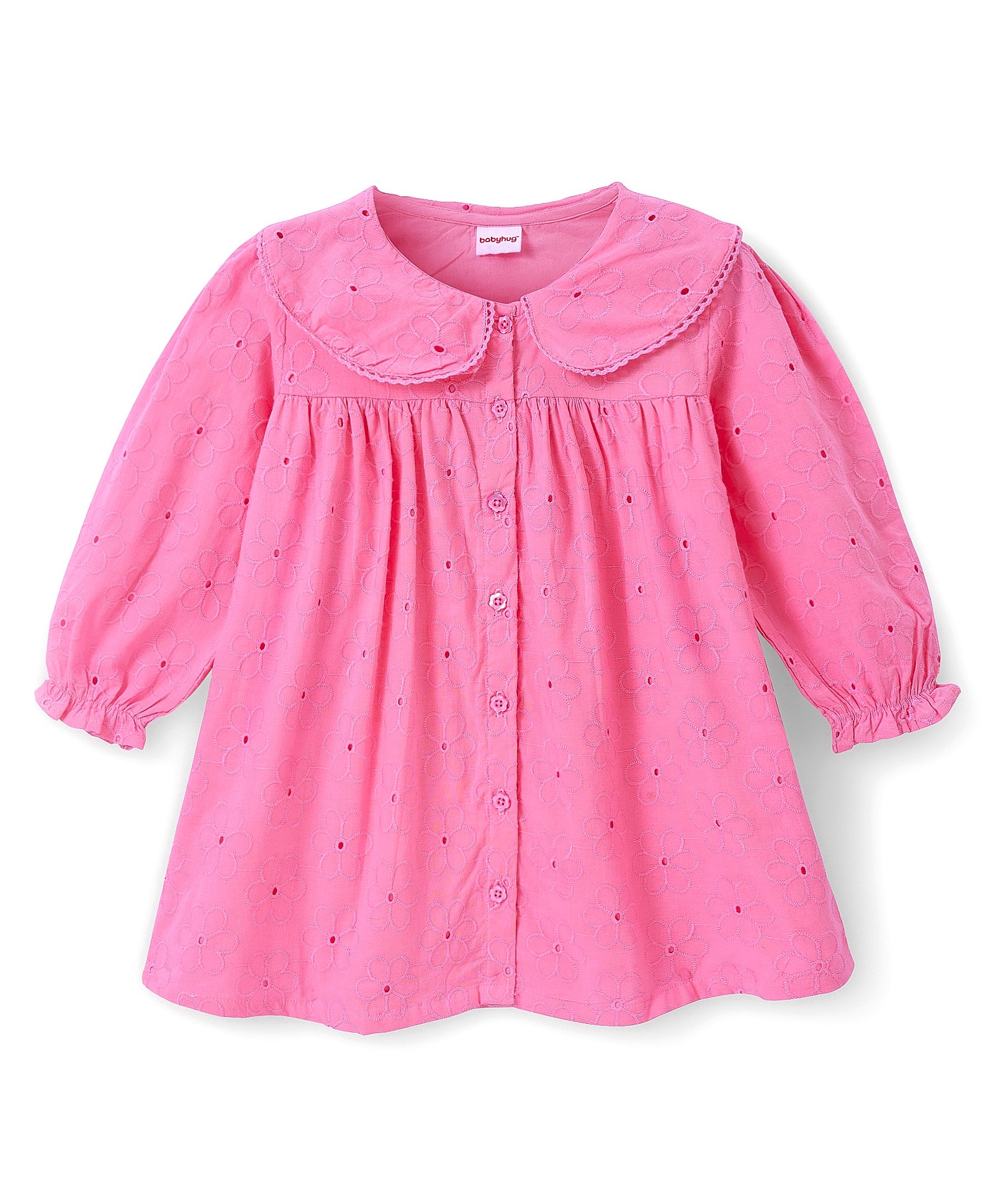 Babyhug Cotton Woven Full Sleeves Peter Pan Collar Frock with Floral Embroidery - Pink-picture-14