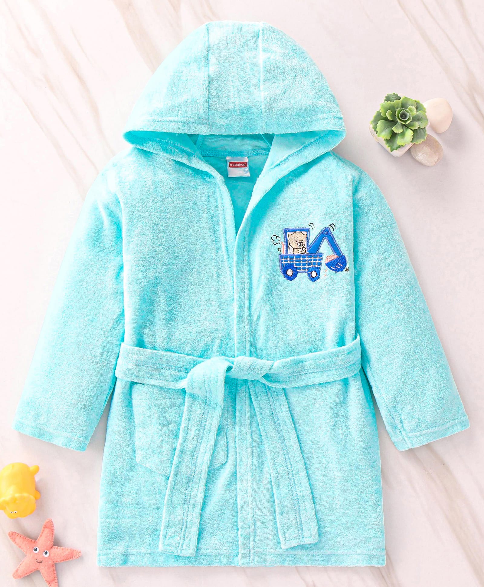 Babyhug Terry Knit Full Sleeve Hooded Bathrobe With Elastic At Waist & Animal Embroidery - Blue-image-16