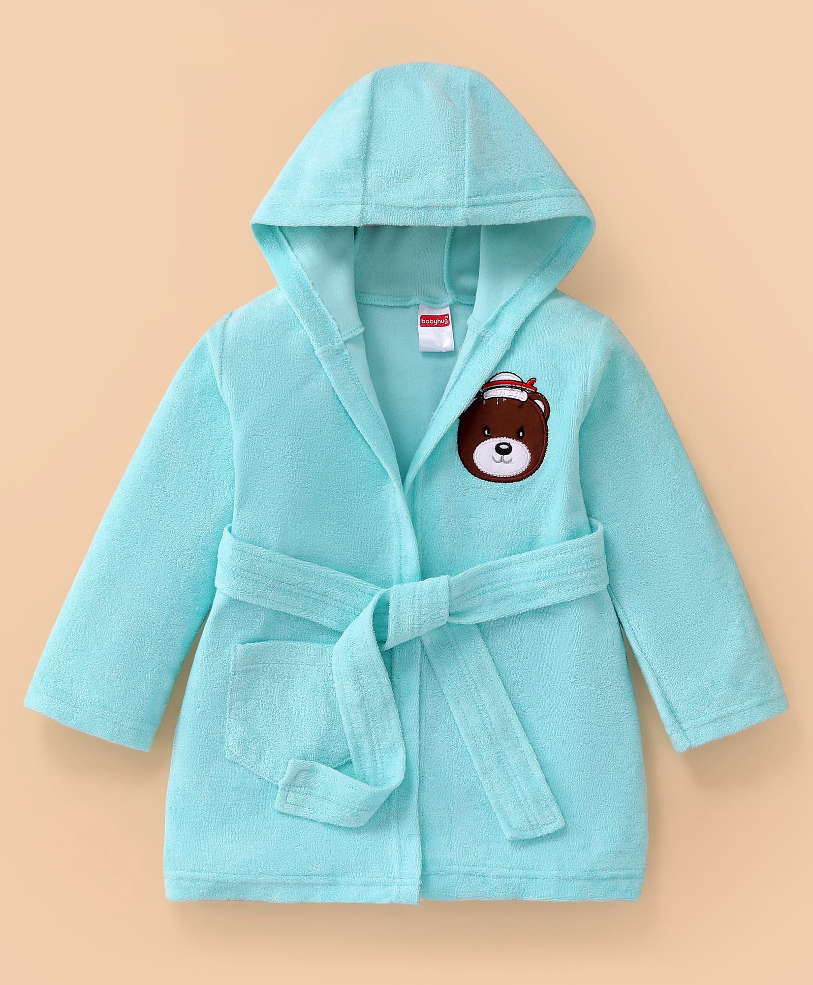 Babyhug Terry Knit Full Sleeve Hooded Bathrobe With Elastic At Waist & Animal Embroidery - Blue-image-11