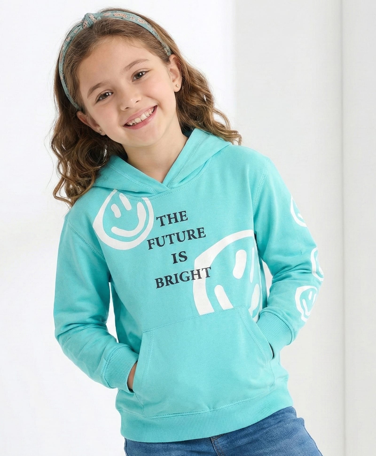 Doreme Terry Knit Full Sleeves Hooded Sweatshirt Text Print- Aqua Blue-picture-25