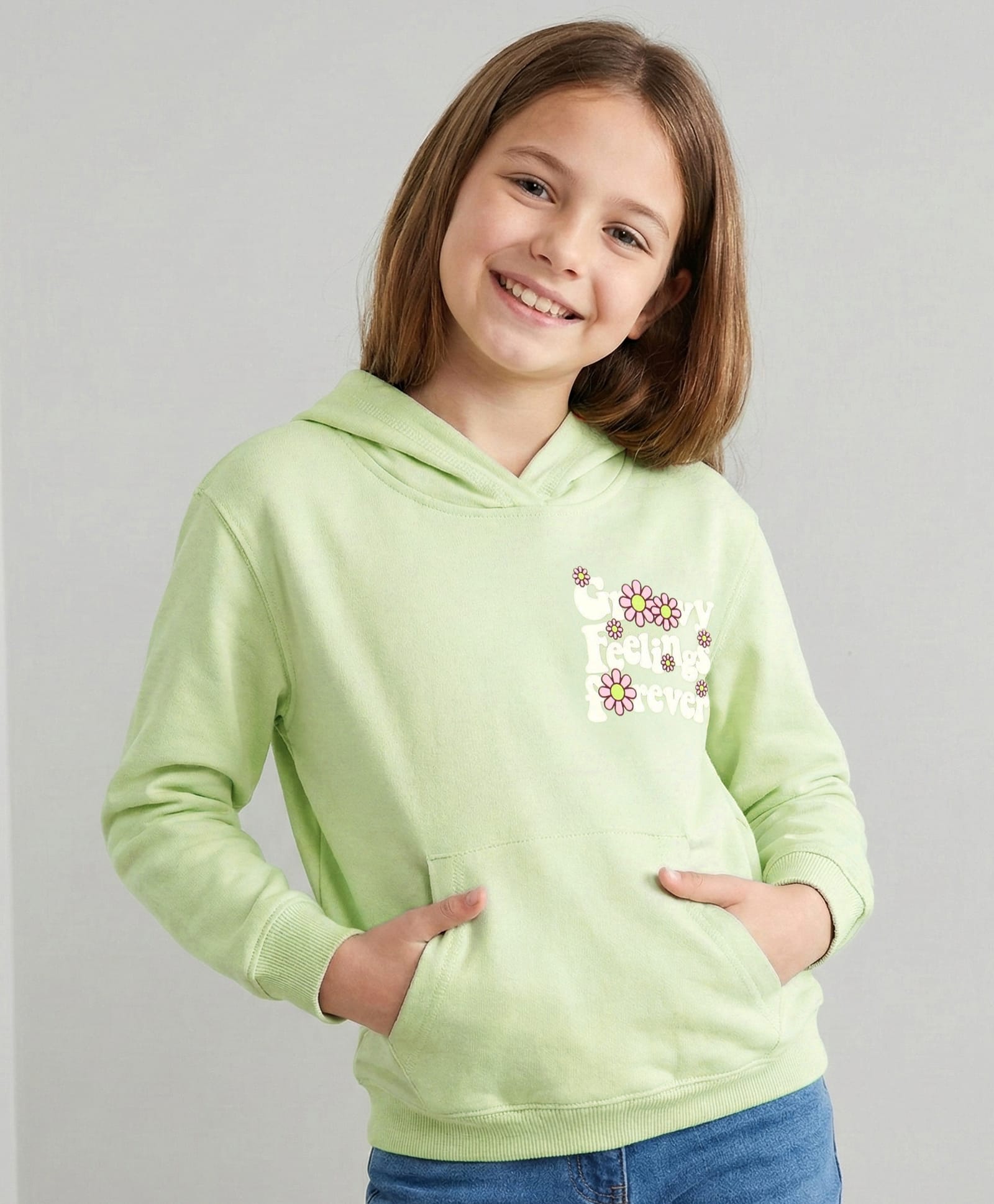 Doreme Terry Knitted Full Sleeves Hooded Sweatshirt With Floral Print & Kangaroo Pockets - Light Green-picture-13