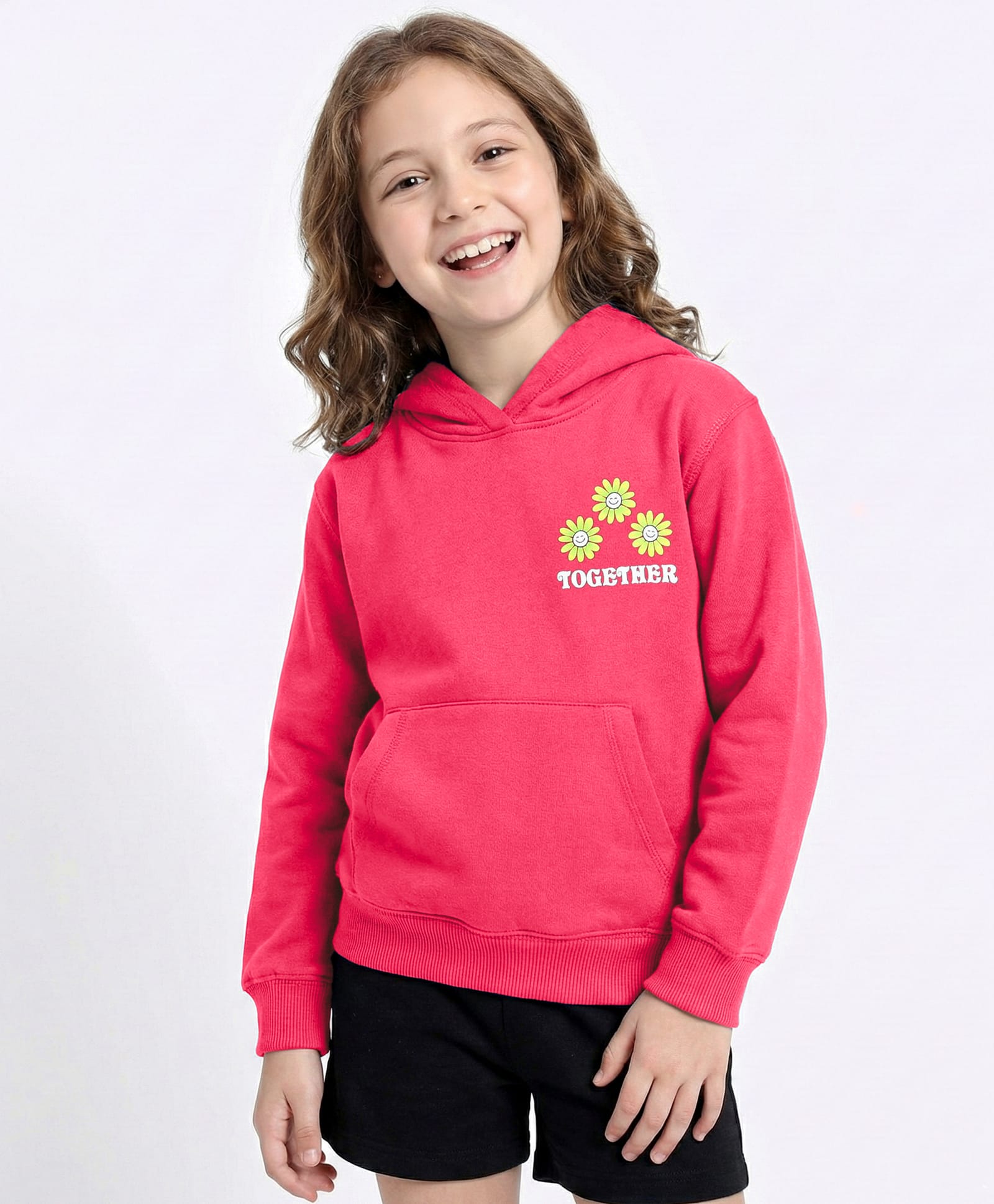 Doreme Fleece Knitted Full Sleeves Hooded Sweatshirt With Floral Print & Kangaroo Pockets - Dark Pink-picture-16