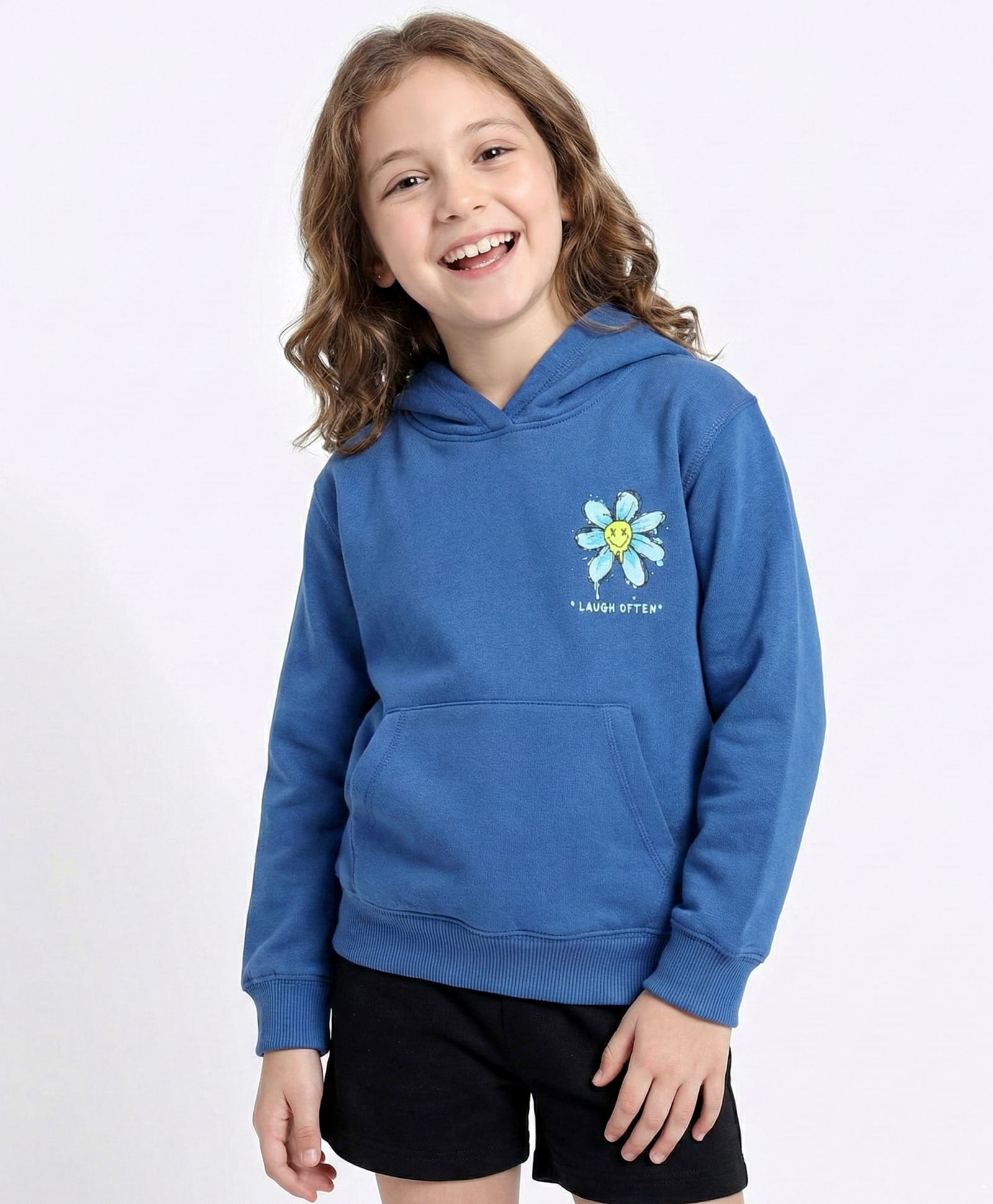 Doreme Fleece Knitted Full Sleeves Hooded Sweatshirt With Floral Print & Kangaroo Pockets - Blue-picture-15