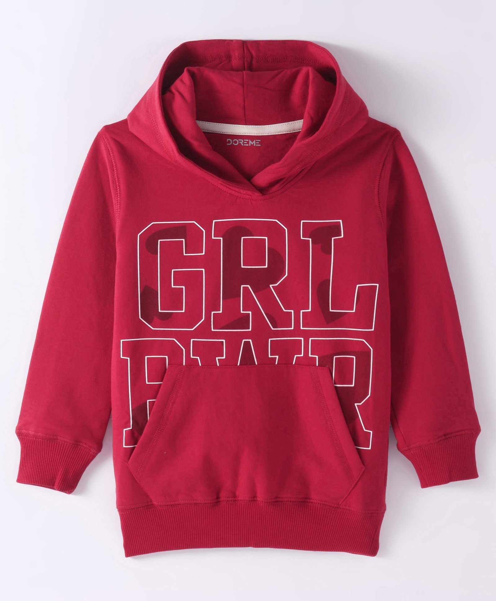 Doreme Cotton Knit Full Sleeves Hooded Sweatshirt Text Print & Kangaroo Pockets - Red
