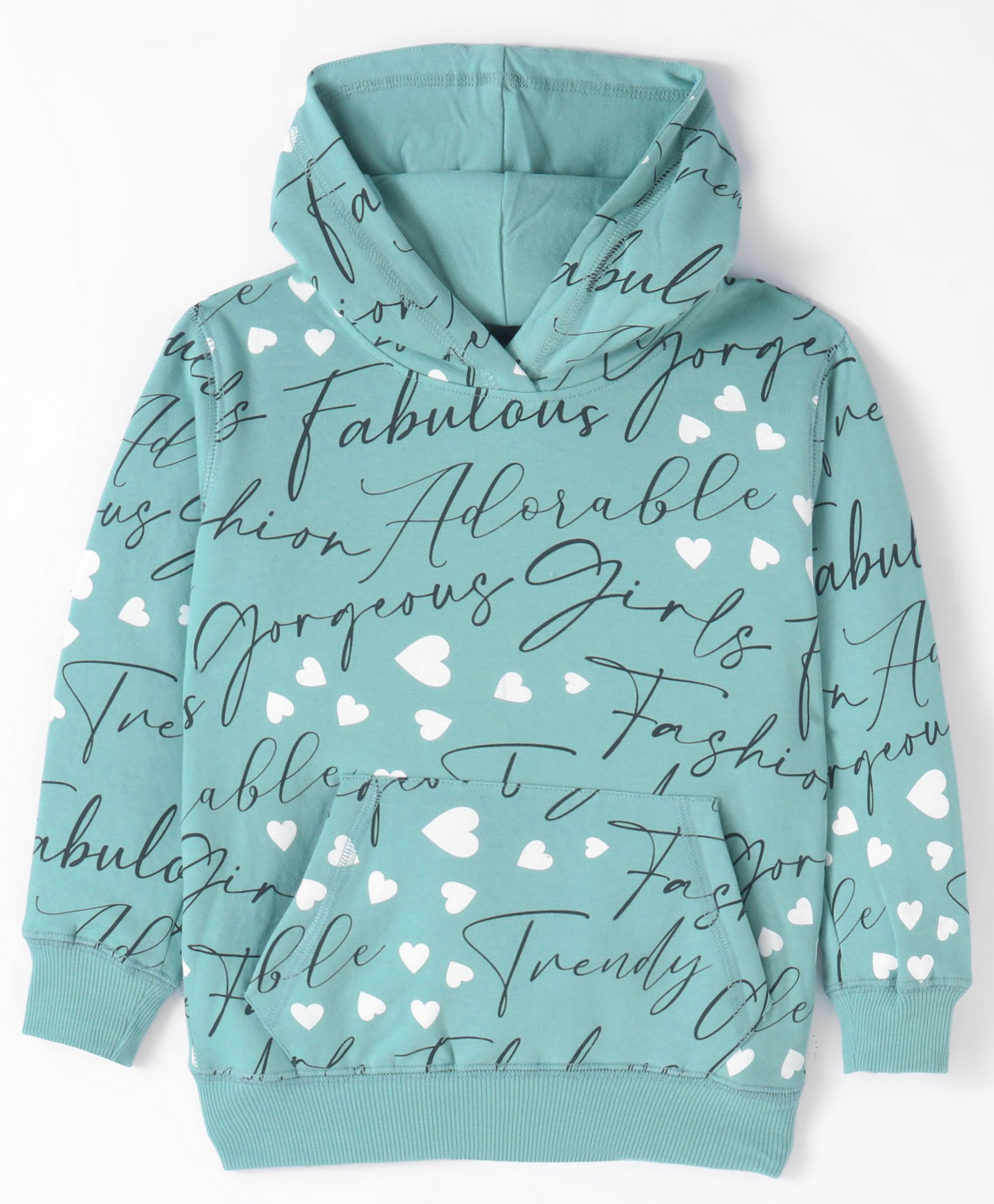 Doreme Cotton Knit Full Sleeves Hooded Sweatshirt with Hearts Print & Kangaroo Pockets - Light Blue-picture-26
