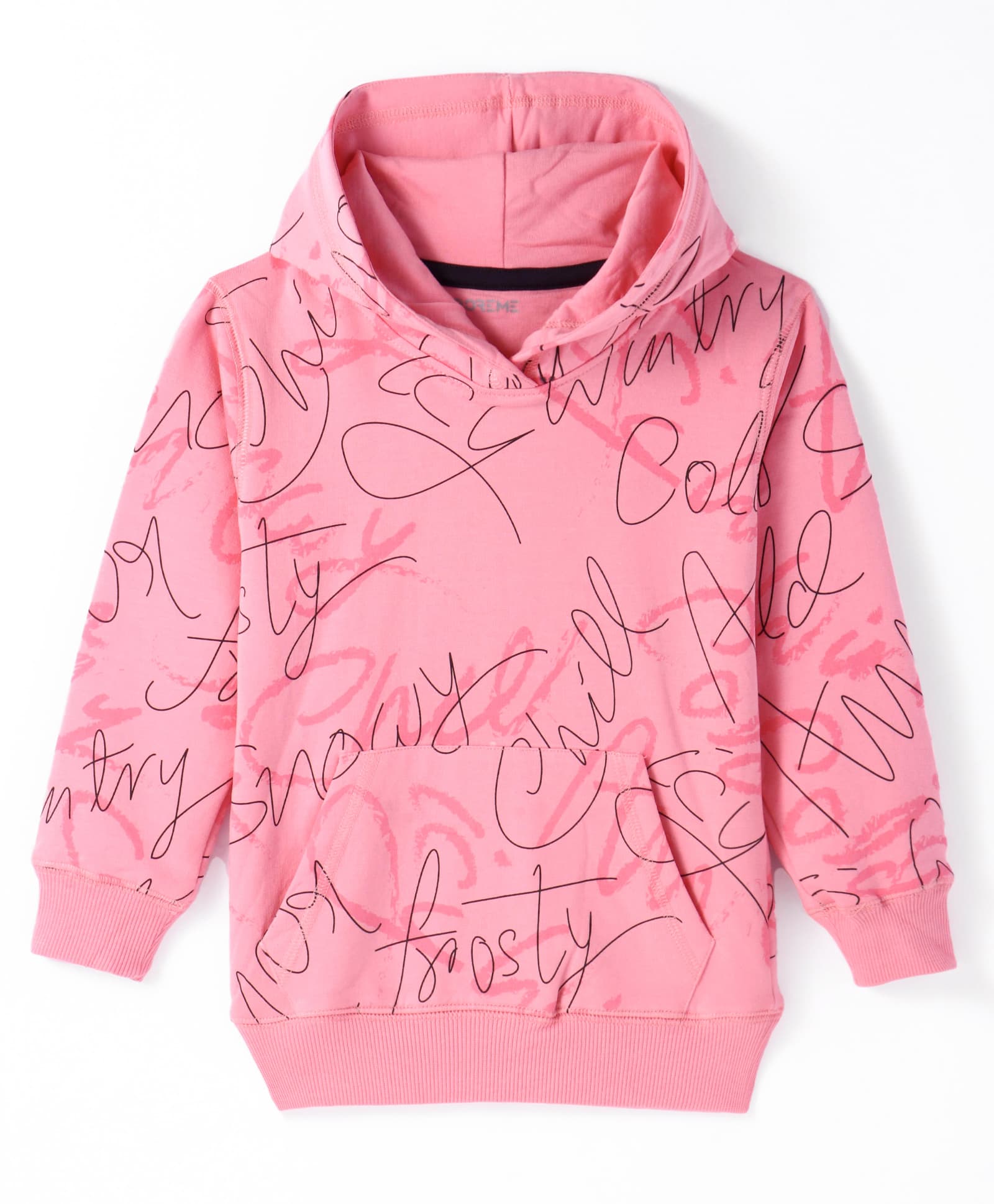 Doreme Cotton Knitted Full Sleeves Pullover Hooded Sweatshirt With Text Print & Kangaroo Pockets - Pink-image-4