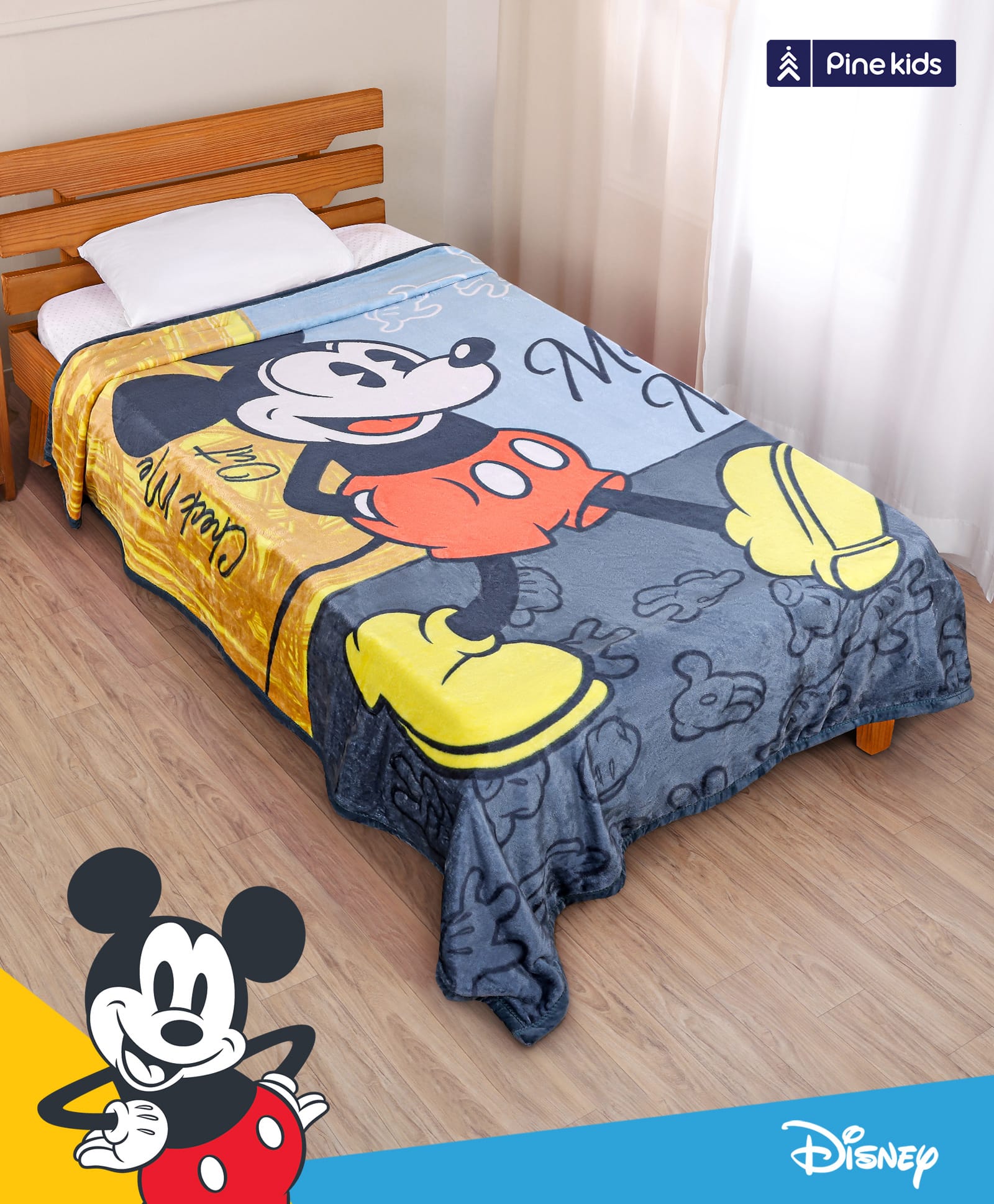 Pine Kids Disney Single Ply Fleece Blanket in Mickey Mouse Print - Grey-image-2