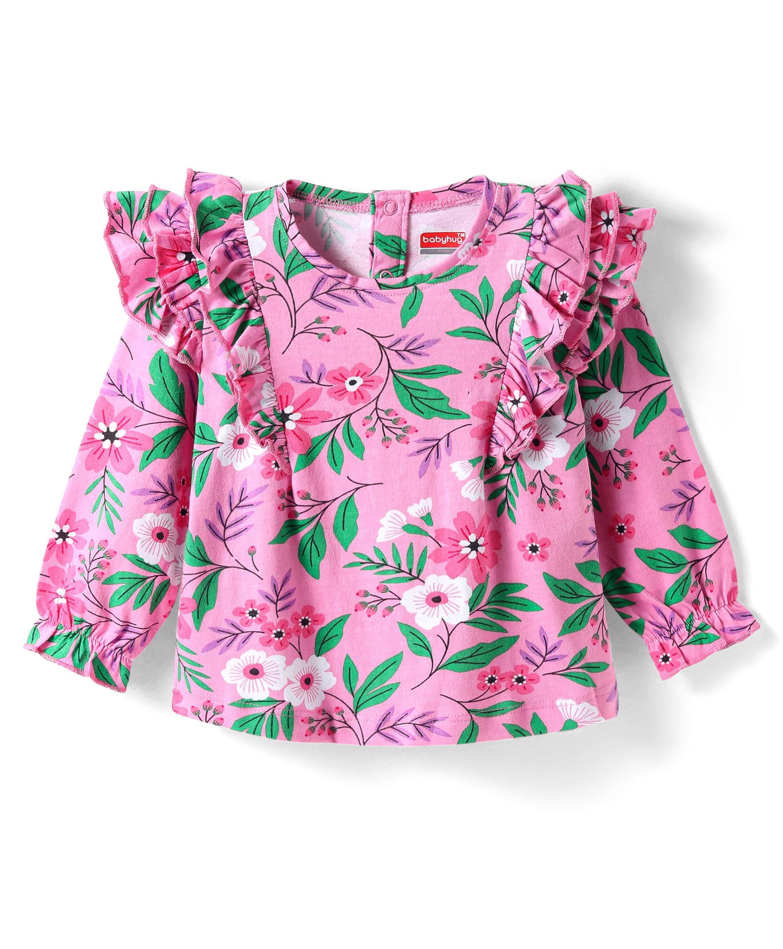 Babyhug Rayon Woven Full Peasent Sleeves Top With Floral Print & Frill Detailing - Pink-picture-15