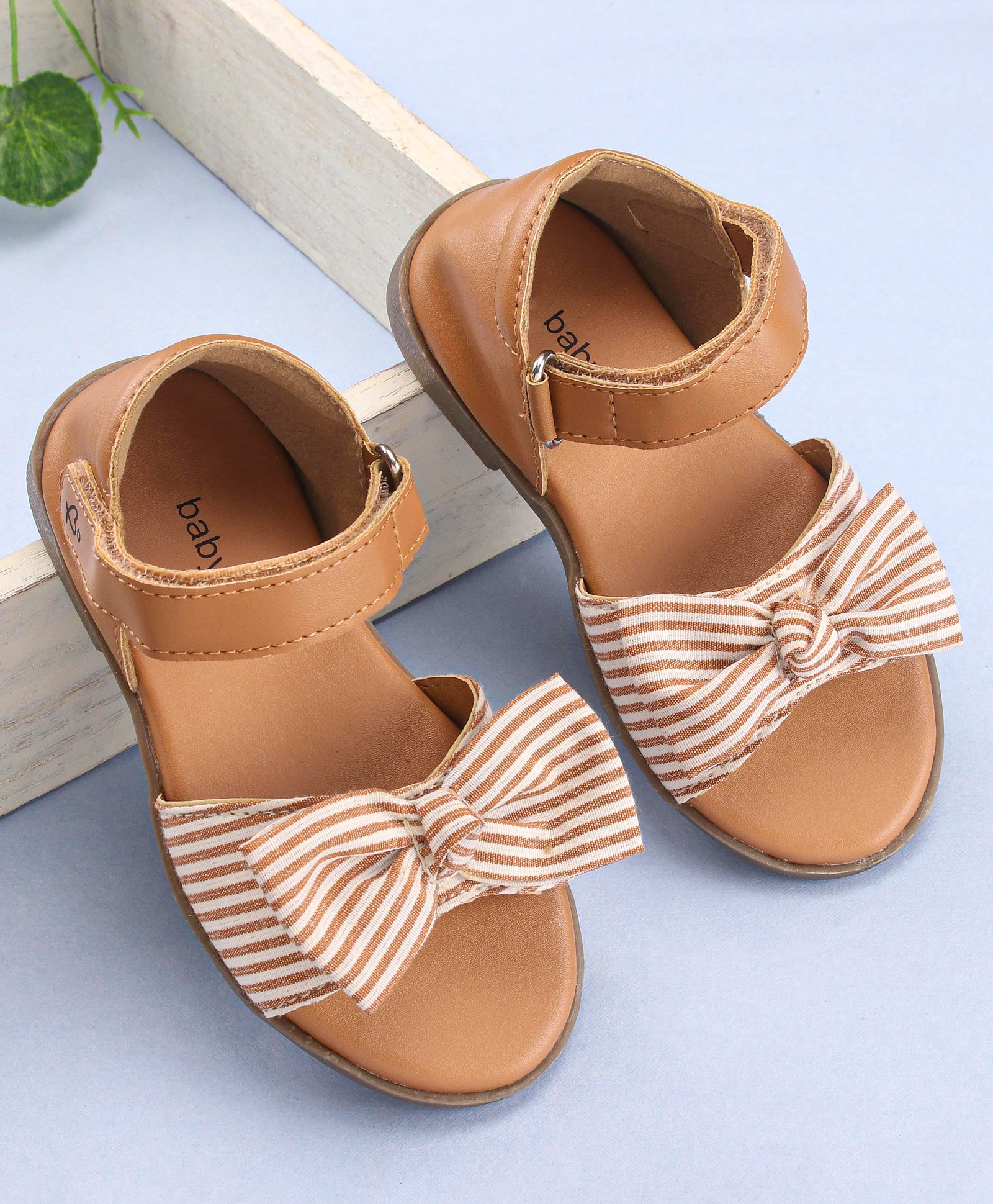 Babyoye  Sandals with Velcro Closure & Stripe Bow Applique - Light Brown-picture-38